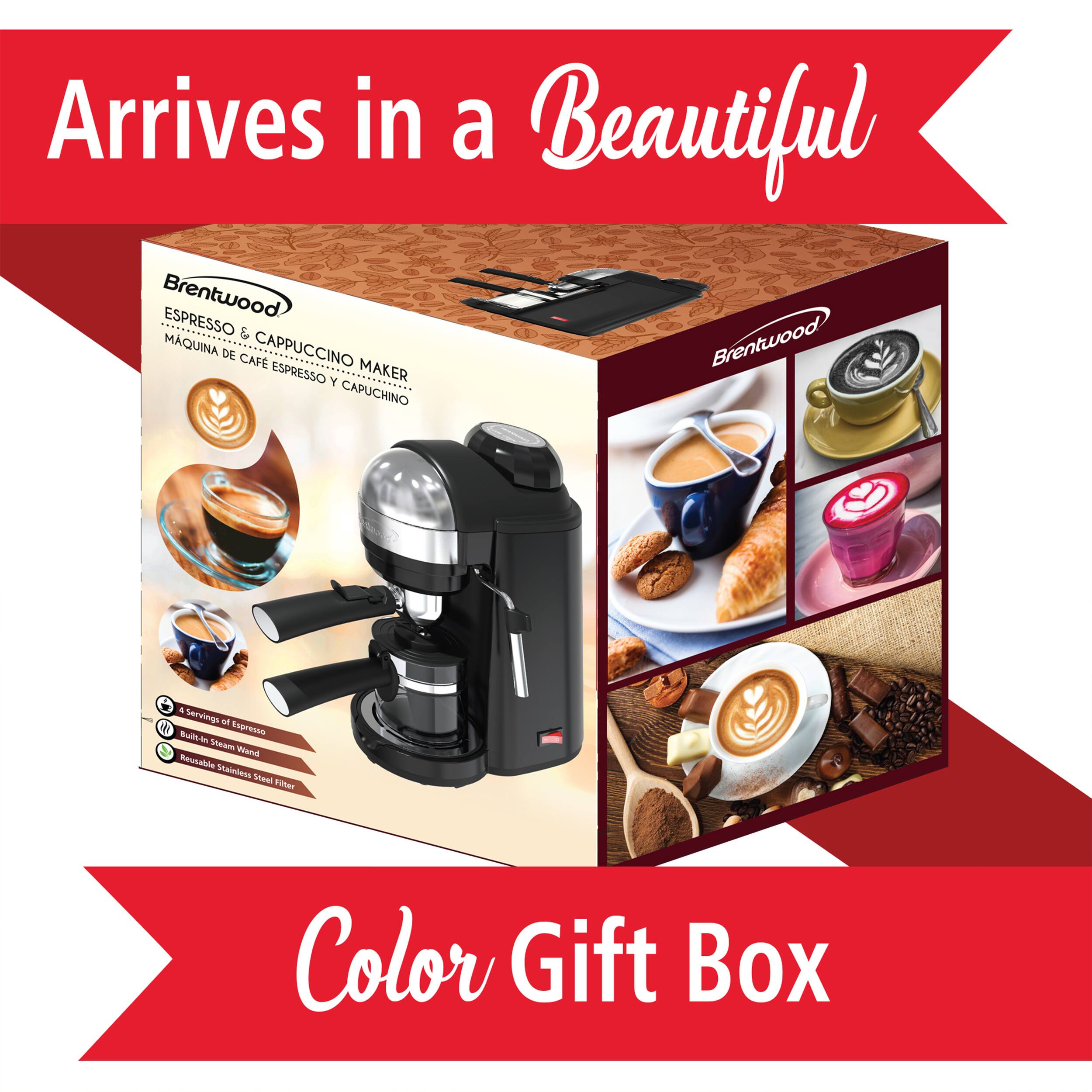 Arrives in a Beautiful Brentwood ESPRESSO & CAPPUCCINO MAKER Brentwood ESPRESSO Y CAPUCHINO 4 Servings of Espresso, Built-in Steam Wand, Reusable Stainless Steel Filter, Color Gift Box