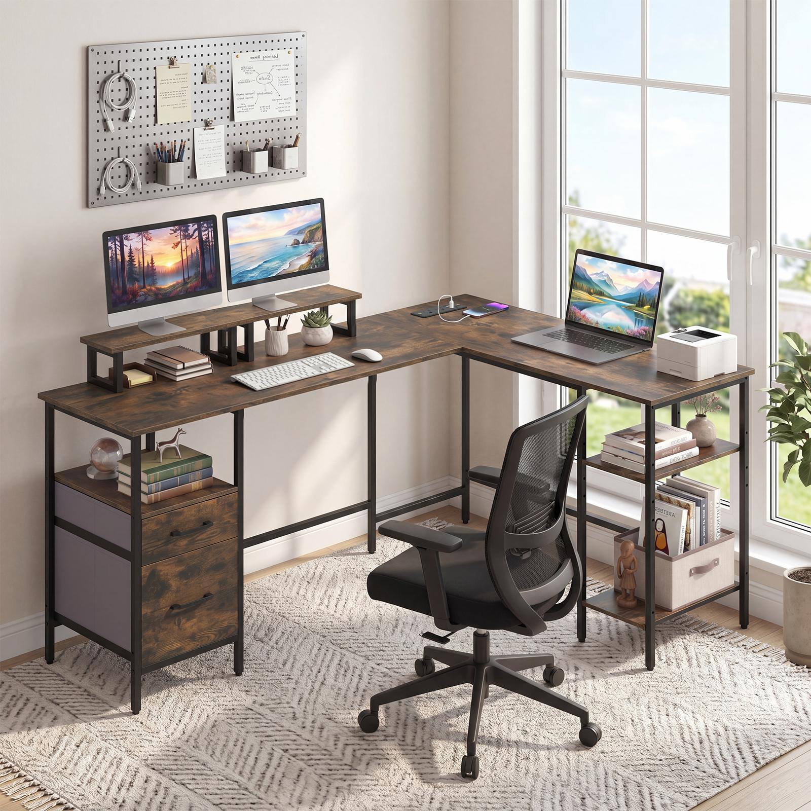 Alt View 1. Costway - Costway 63" L Shaped Desk with Power Outlet with Monitor Stands, 2 Drawers, Storage Shelves - Rustic Brown + Black.