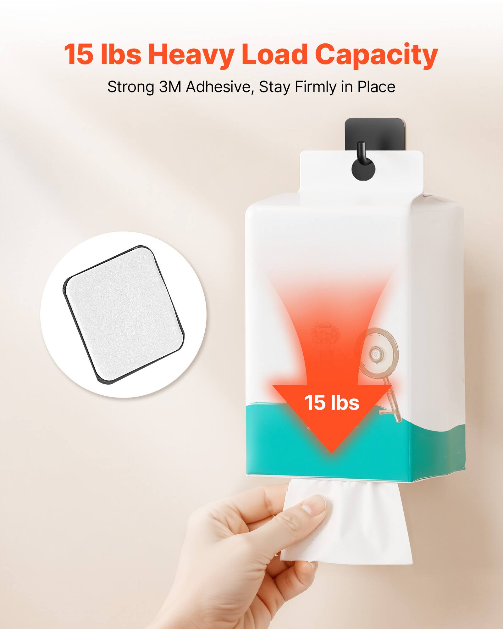 15 lbs Heavy Load Capacity  
Strong 3M Adhesive, Stay Firmly in Place