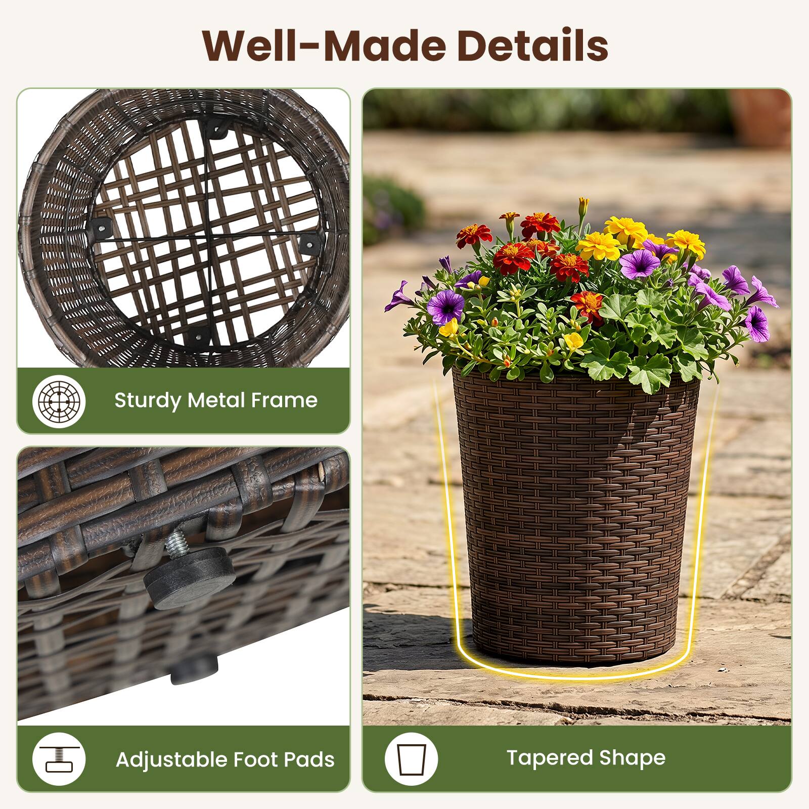 Well-Made Details  
Sturdy Metal Frame  
2 Adjustable Foot Pads  
Tapered Shape