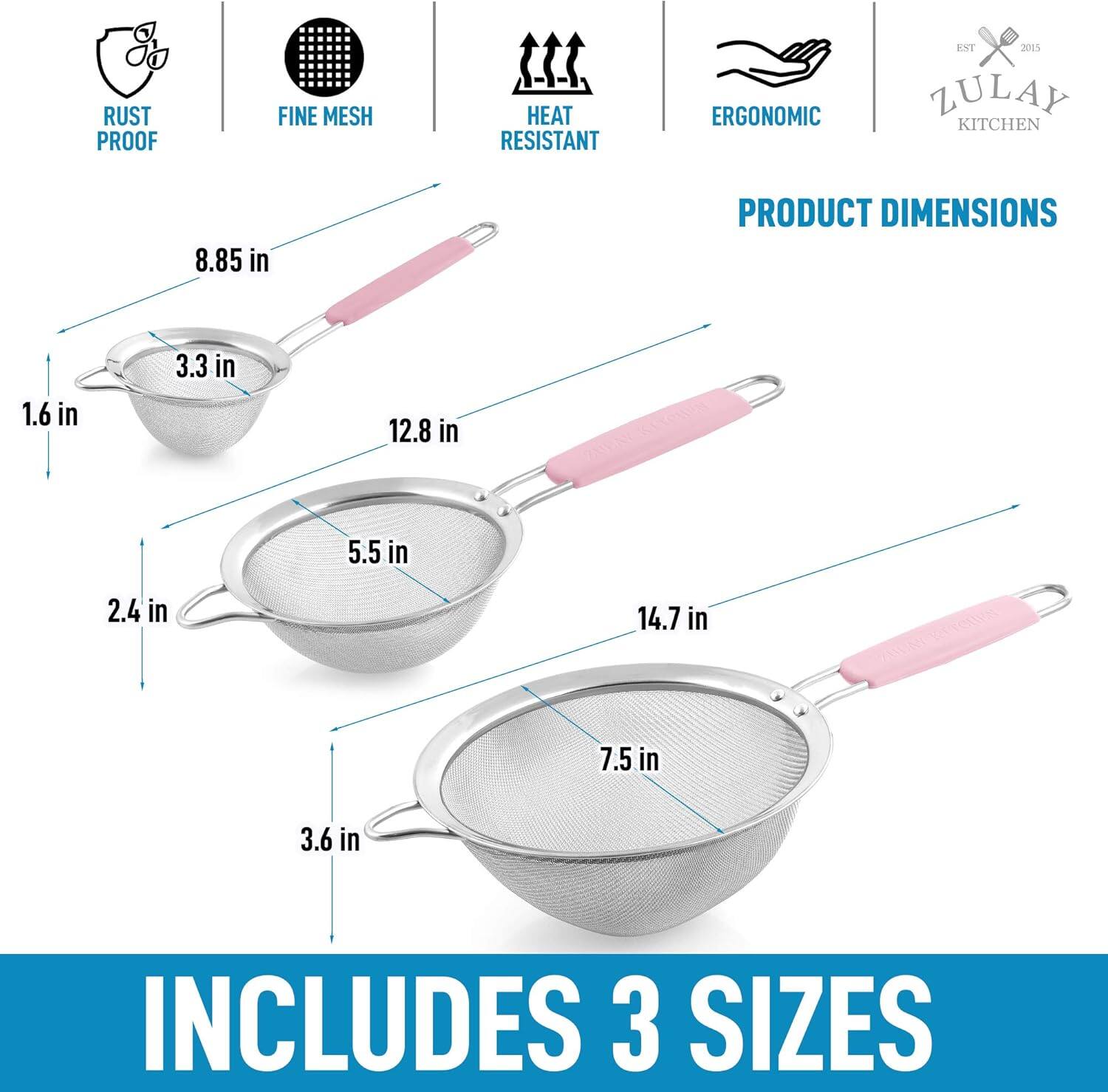 RUST PROOF  
FINE MESH  
HEAT RESISTANT  
ERGONOMIC  

PRODUCT DIMENSIONS  

1.6 in  
3.3 in  
8.85 in  
2.4 in  
5.5 in  
12.8 in  
3.6 in  
7.5 in  
14.7 in  

INCLUDES 3 SIZES