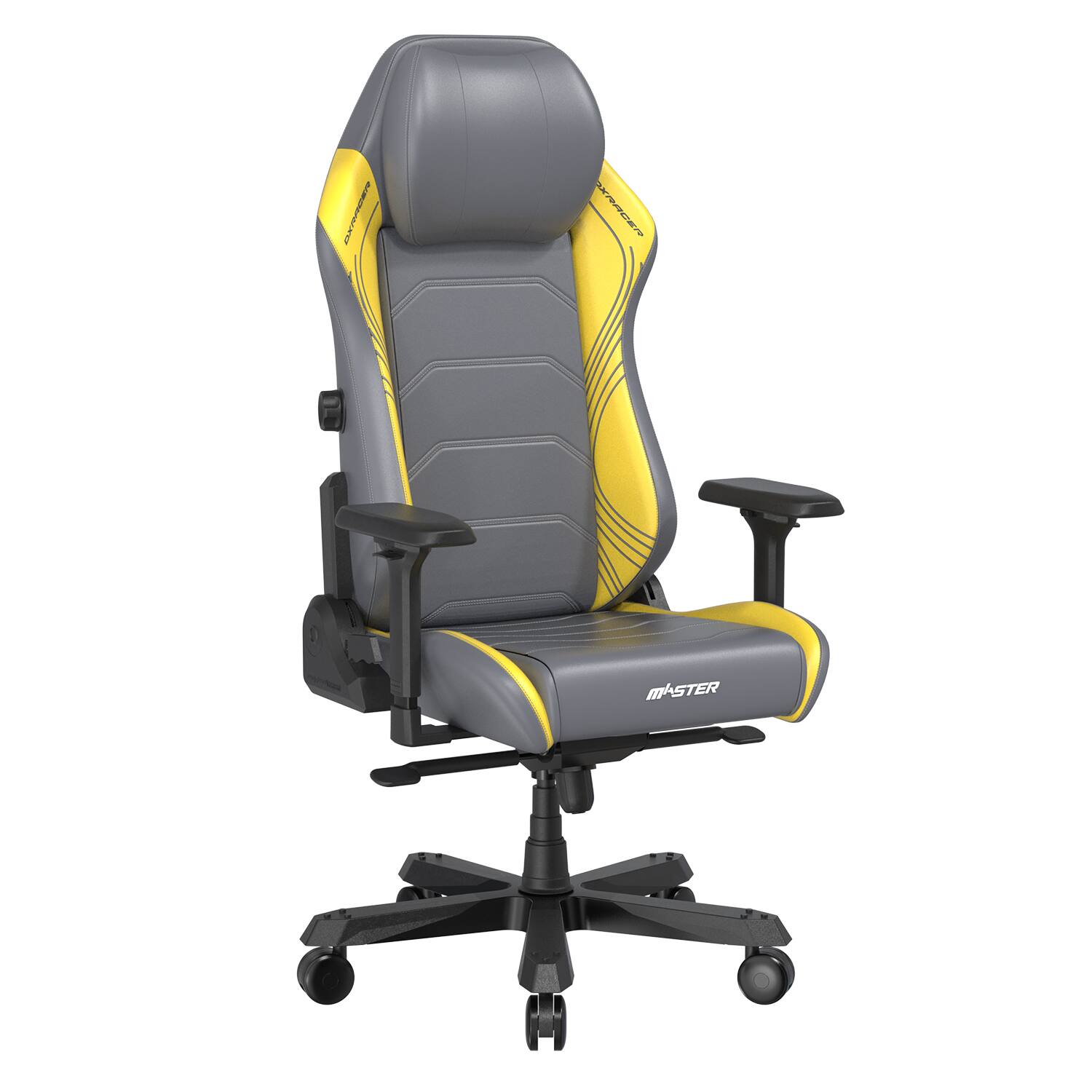 Angle. DXRacer - DXRacer Master Series Gaming Chair – Gray and Yellow Line, Premium PU Leather with Built-In Lumbar Support & 4D Armrests - Gray and Yellow.