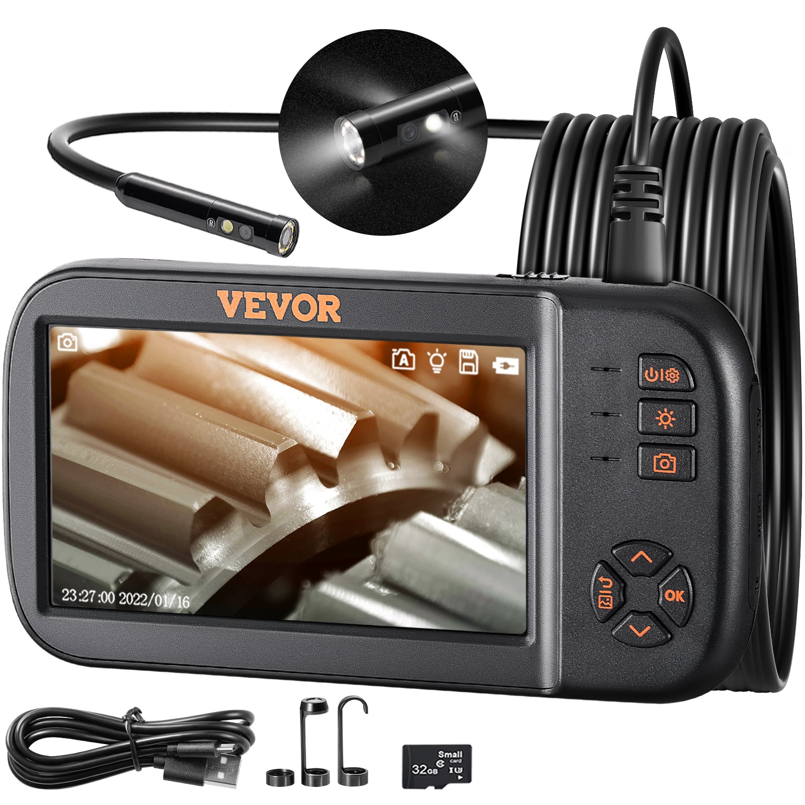 VEVOR - Borescope Camera, Triple Lens Endoscope Camera with Light, 4.5" Screen 1080P Inspection Camera with 10 LED Light - Black