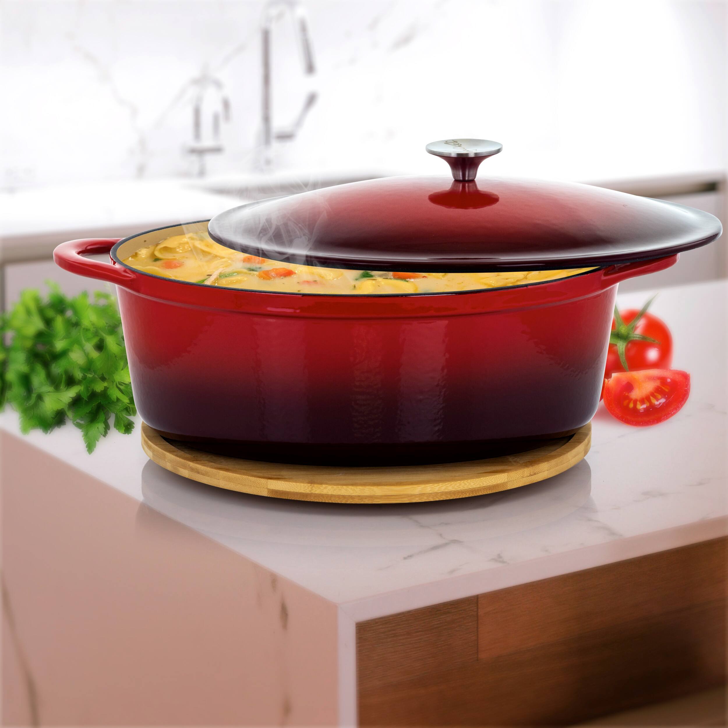 Alt View 8. MegaChef - MegaChef 7 Quarts Oval Enameled Cast Iron Casserole in Red - Red.