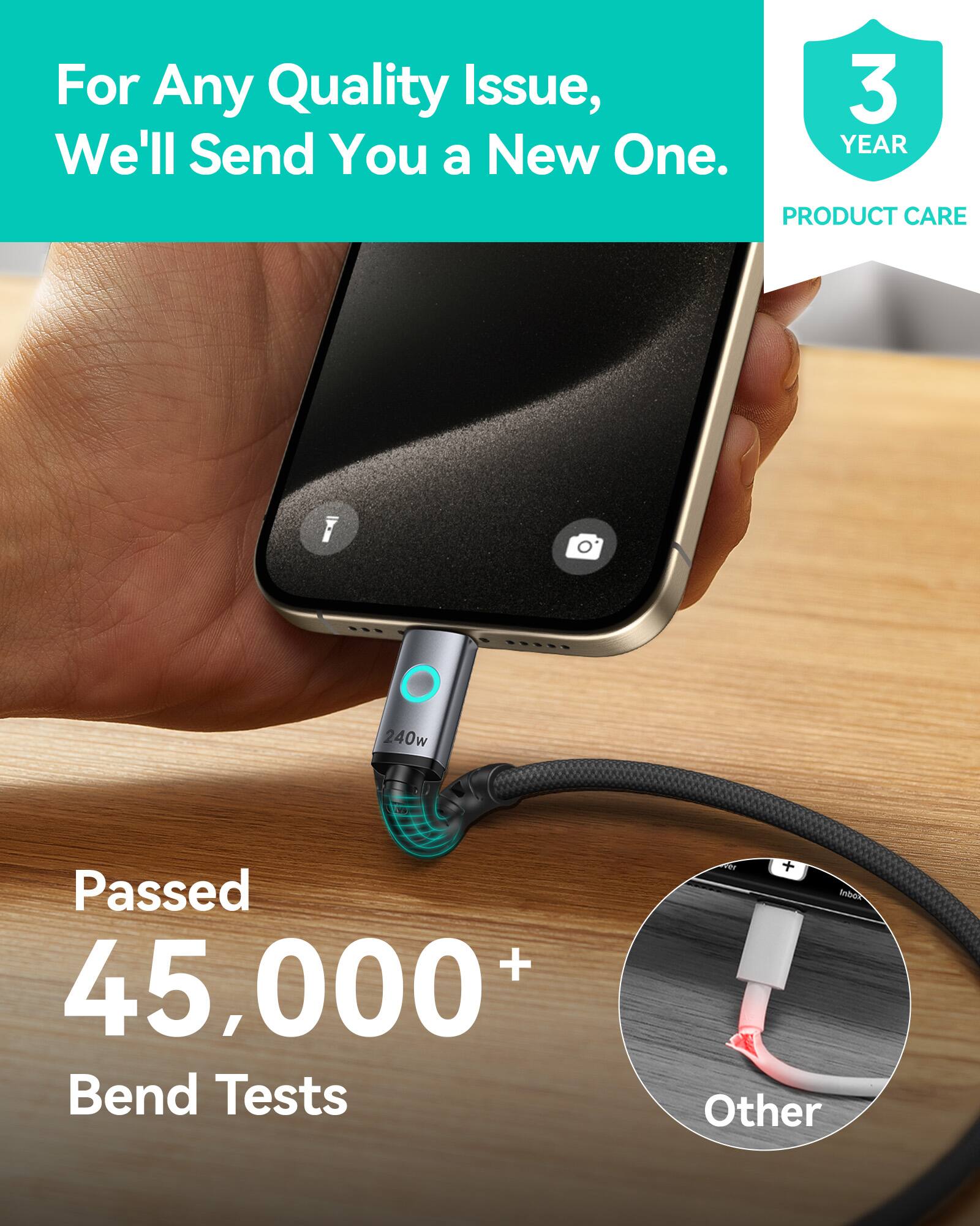 For any quality issue, we'll send you a new one. 3-year product care. 240w TEP passed + 45,000+ bend tests. Includes other.