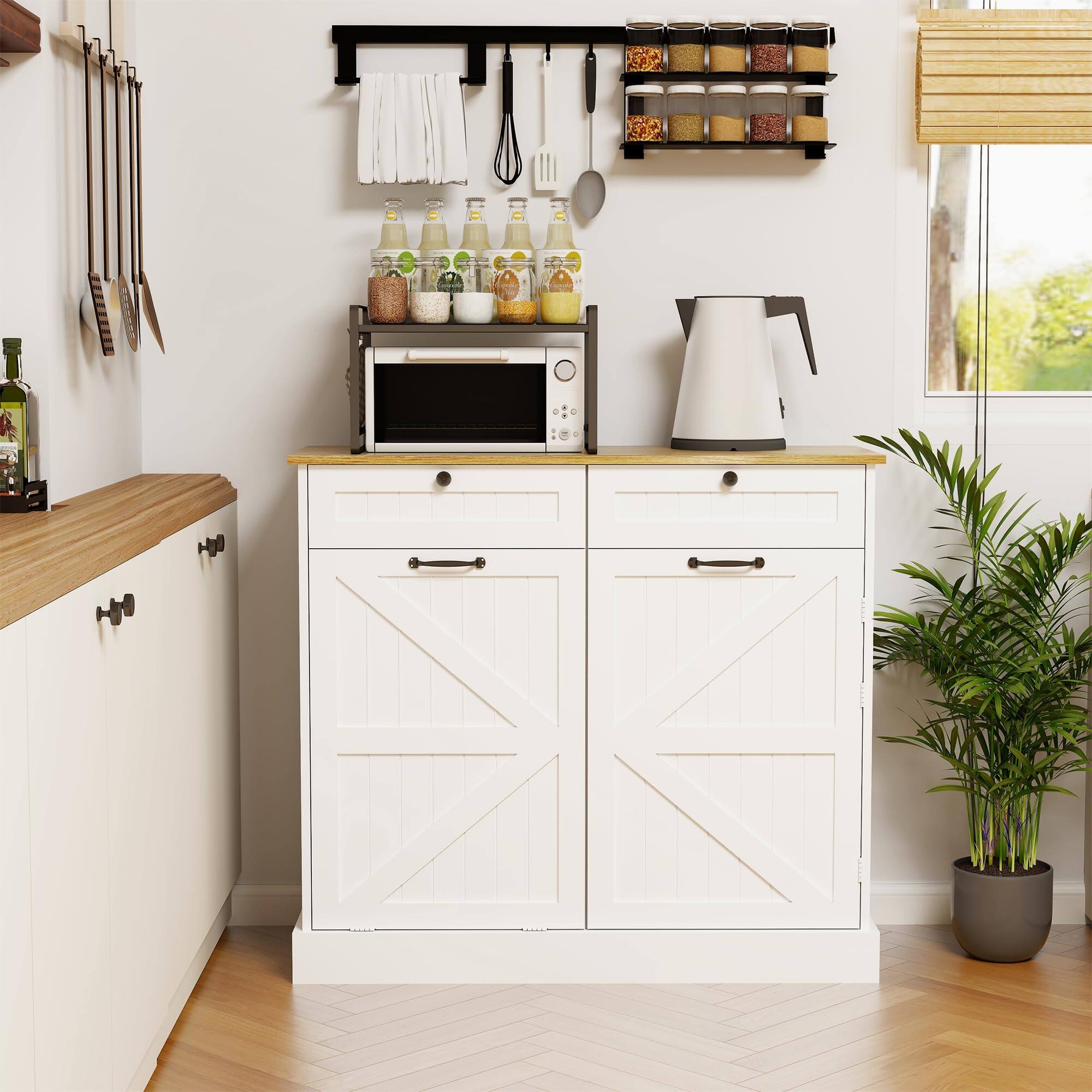 Alt View 6. Ecooso - Kitchen Trash Can Cabinet with 2 Drawers, Tilt-Out Bin, Door Rack & Shelves, Storage for Kitchen or Living Room - White.