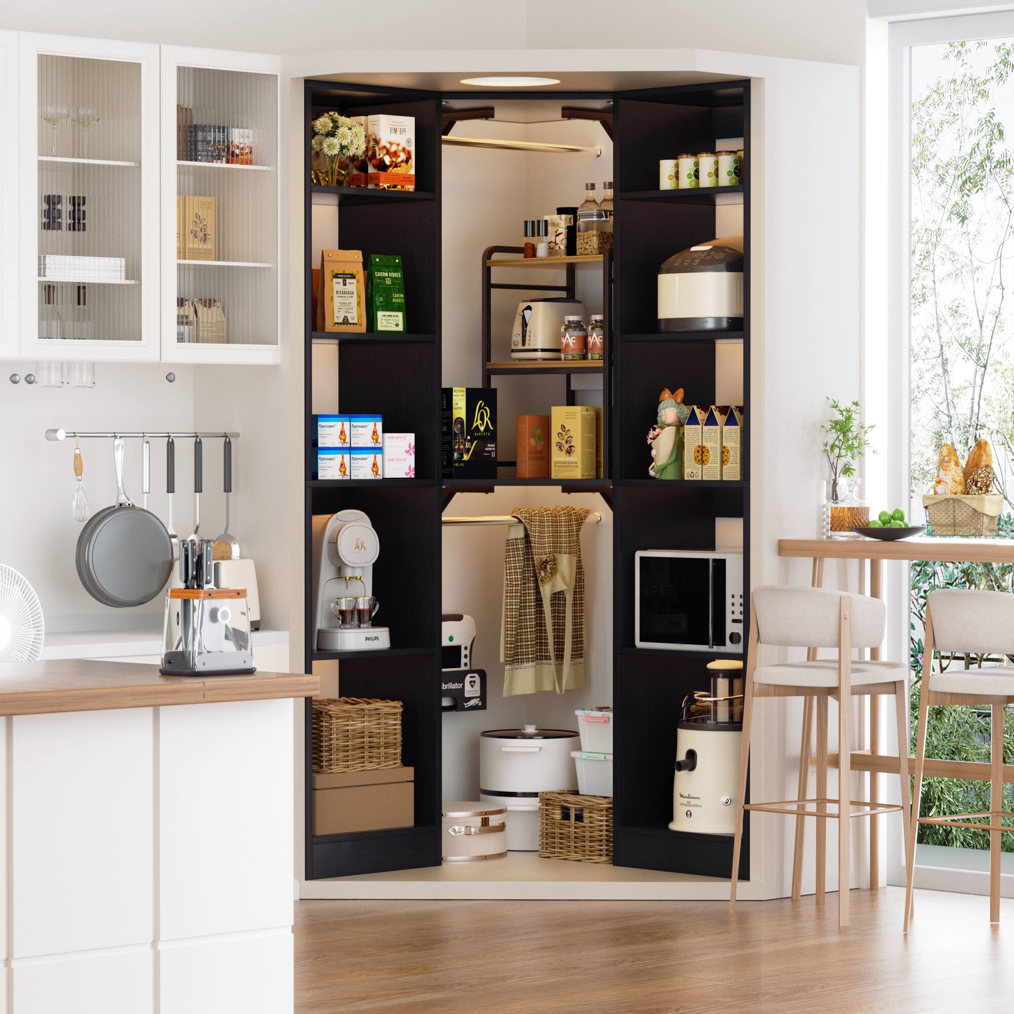 Angle. Aheaplus - Corner Closet Organizer: 12-Shelf + 2 Rods, 39.2" Corner Fit, Space-Saving Design (80" H) - Black.