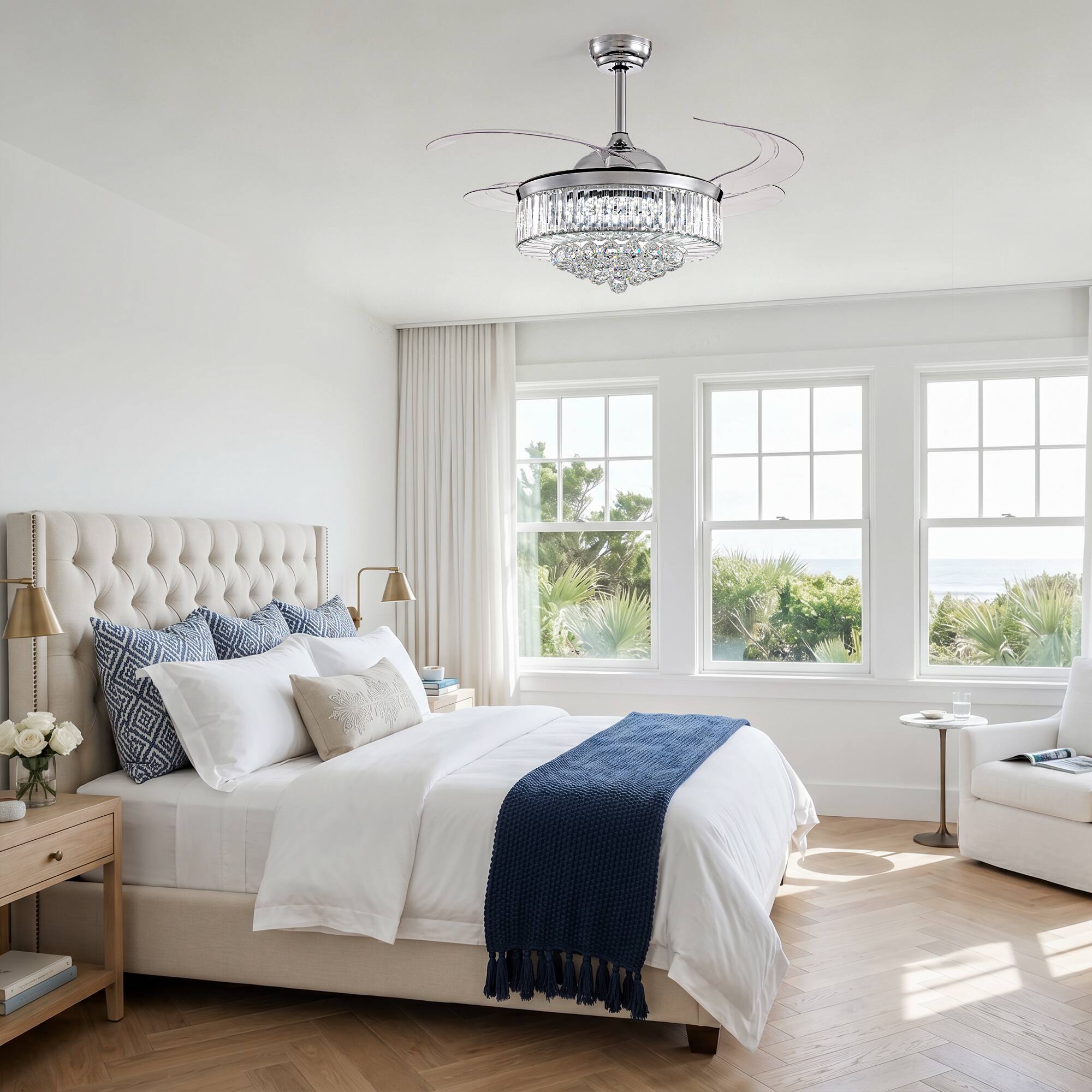 Alt View 7. Siljoy - 48 Inch Modern Crystal Retractable LED Ceiling Fan, Invisible Blade Chandelier Fan for Indoor Use - Chrome.
