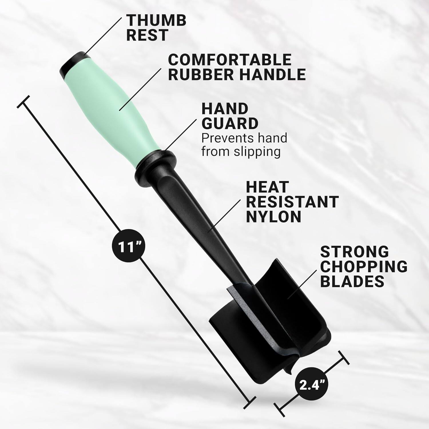 THUMB REST, COMFORTABLE RUBBER HANDLE, HAND GUARD Prevents hand from slipping, HEAT RESISTANT NYLON, 11", STRONG CHOPPING BLADES, 2.4"