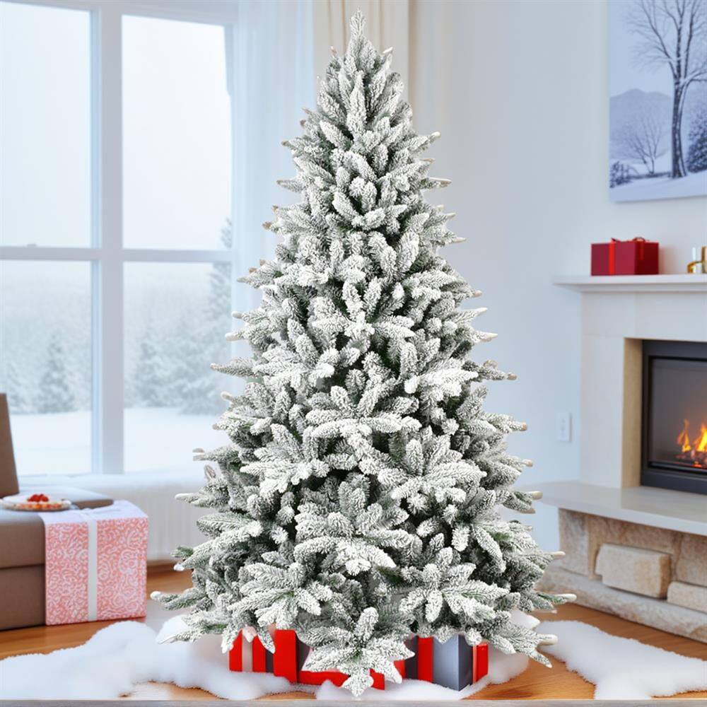 Pefilos - 5ft Mixed Material Christmas Tree with Flocked Design, Hinged & Metal Base, Ideal for Home Decor, 768 Tips - White