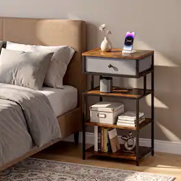WELLFOR - 28" Tall Nightstand with Charging Station and Fabric Drawer - Rustic Brown