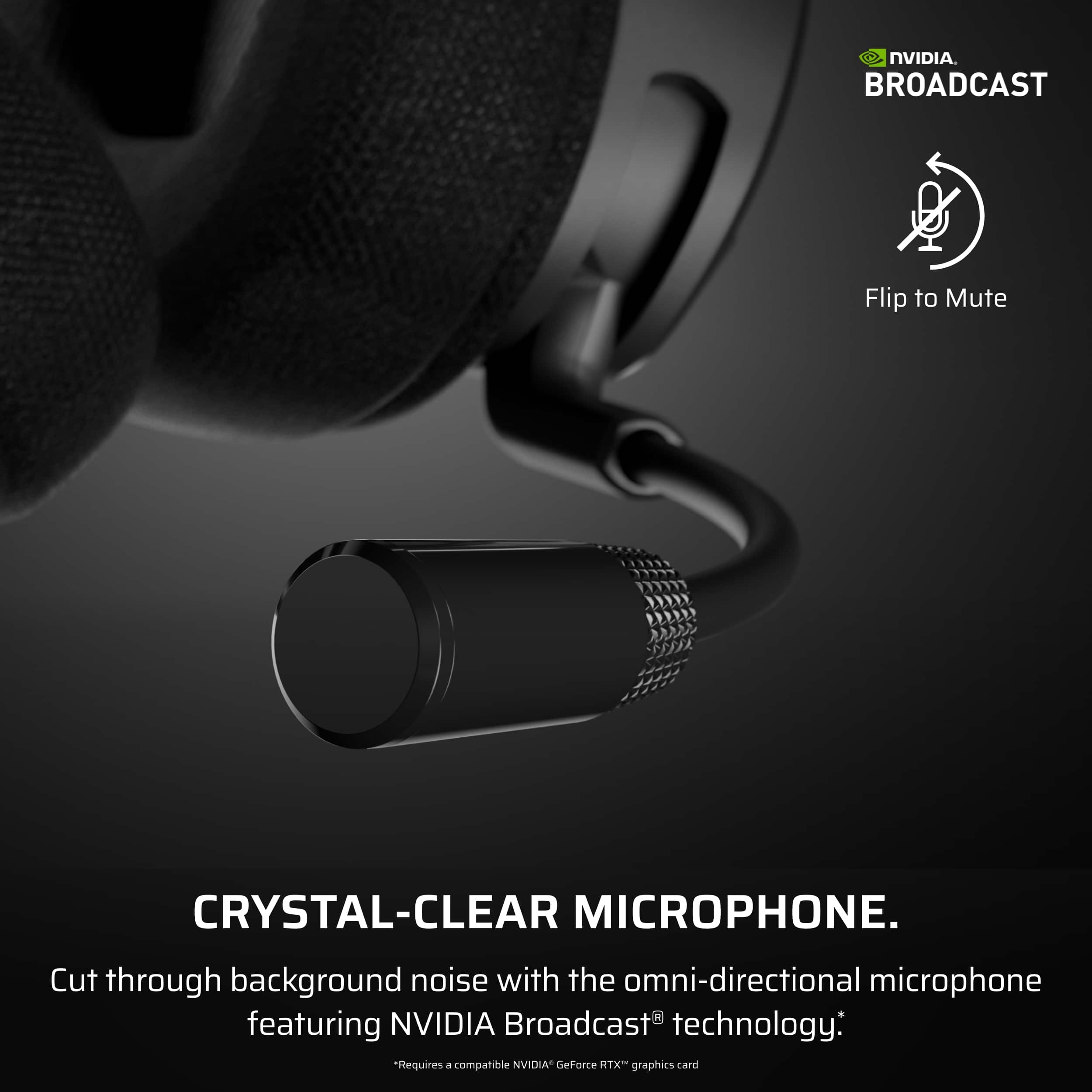 The text on the image reads: "Crystal-Clear Microphone. Cut through background noise with the omni-directional microphone featuring NVIDIA Broadcast technology. Requires a compatible NVIDIA GeForce RTX graphics card."