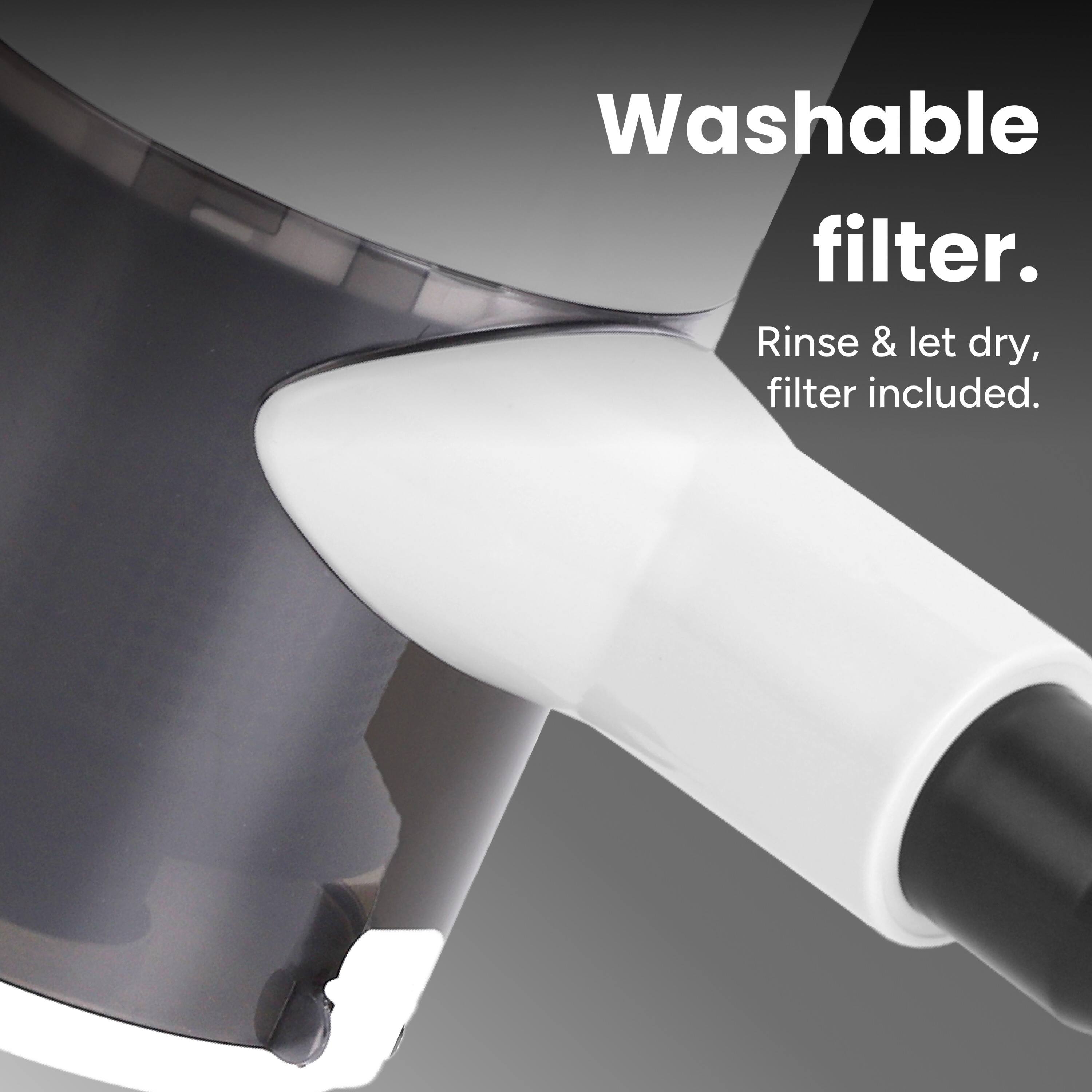 Washable filter.  
Rinse & let dry, filter included.