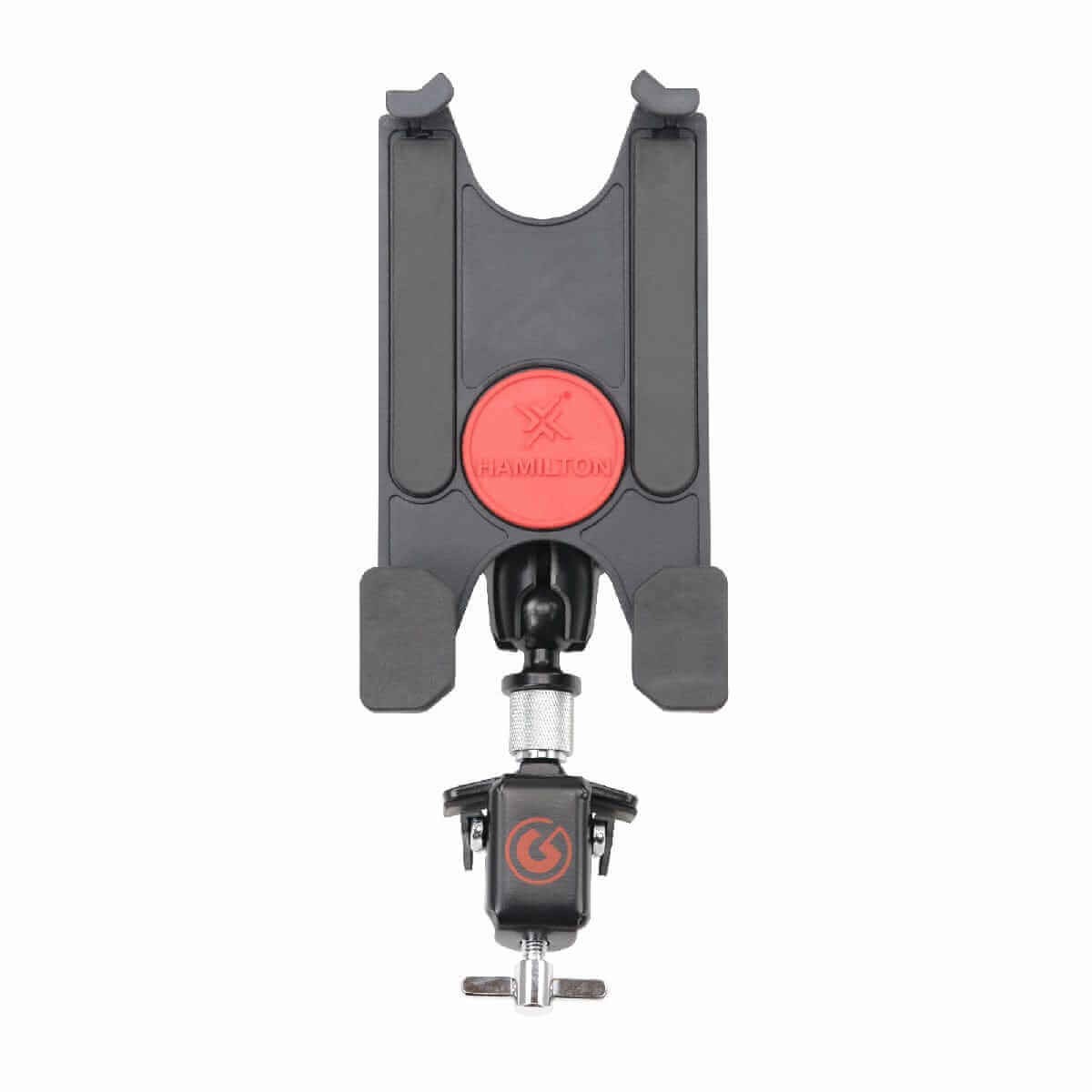 Front. Gibraltar Hardware - Dual Adjust Tablet Bass Drum Hoop Mount, Adjustable Tablet Holder for Drummers, w/ Rubber Padded Clamps - Black.