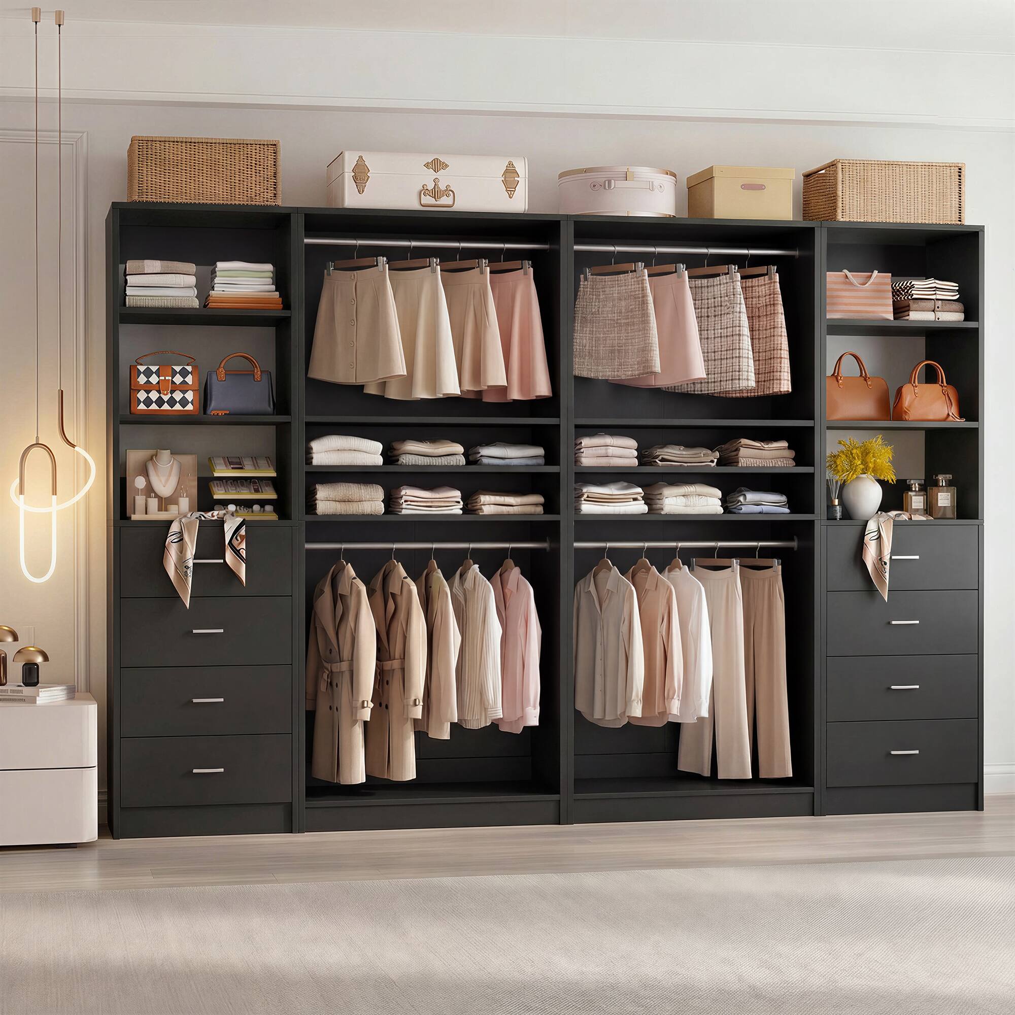 Alt View 2. Aheaplus - 114.6'' Wide Closet Organizer with 8 Drawers and 4 Hanging Rods, 4-Piece Set - Black.