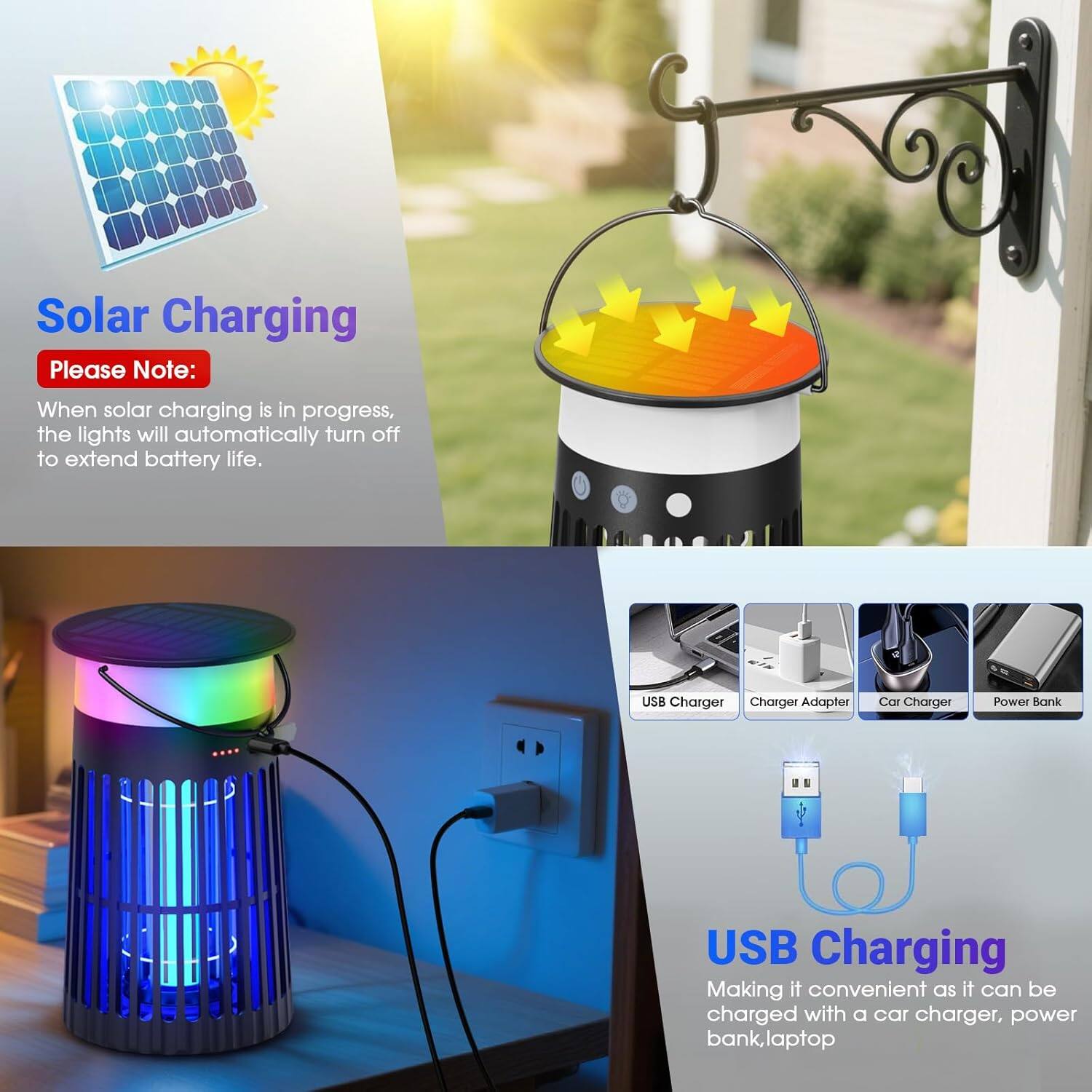Solar Charging  
Please Note:  
When solar charging is in progress, the lights will automatically turn off to extend battery life.

USB Charging  
Making it convenient as it can be charged with a car charger, power bank, laptop.
