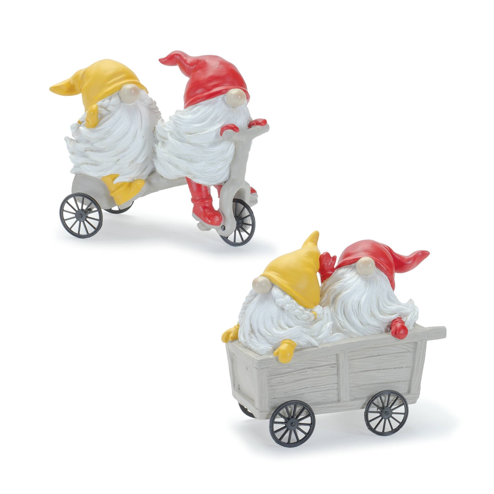 Angle. BreeBe - Whimsical Garden Gnome Figurine Riding a Scooter and Wheelbarrow (Set of 4) - Multicolor.