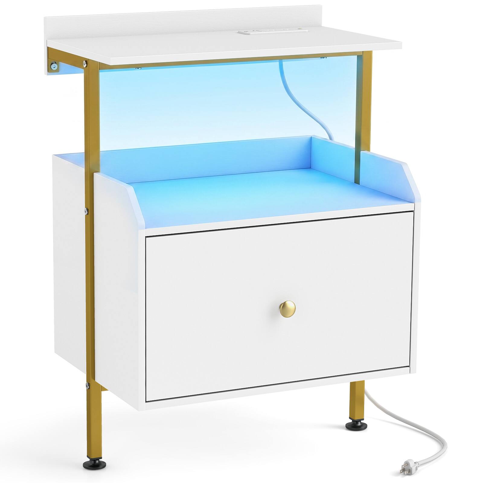Alt View 9. Gymax - Gymax 2PCS Nightstand Wall-mounted Bedside Table w/ LED Lights & Charging Station White - White.