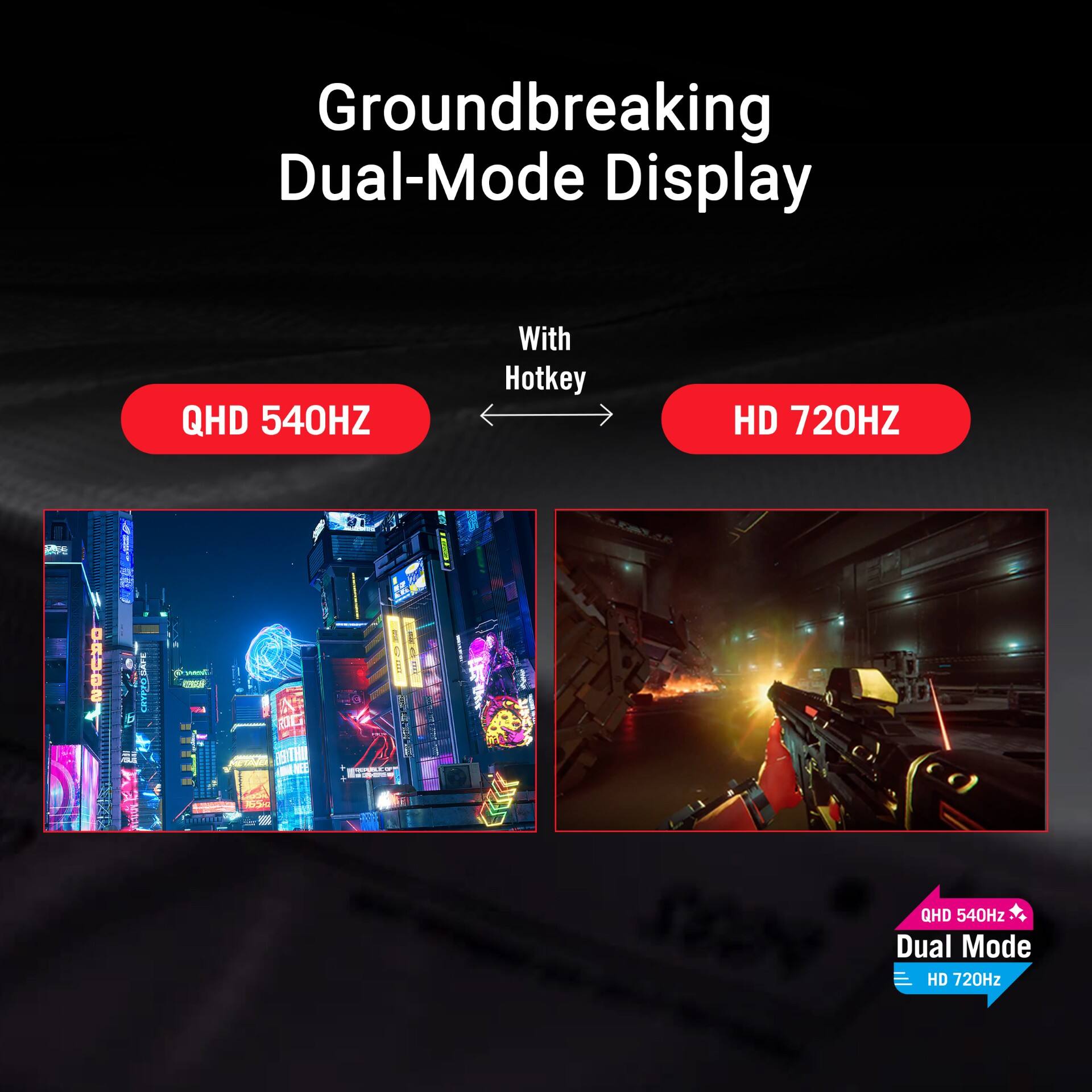 Groundbreaking Dual-Mode Display  
QHD 540Hz  
HD 720Hz  

With Hotkey  

QHD 540Hz  
HD 720Hz