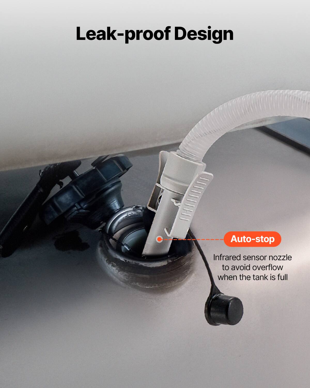 Leak-proof Design, Auto-stop, Infrared sensor nozzle to avoid overflow when the tank is full