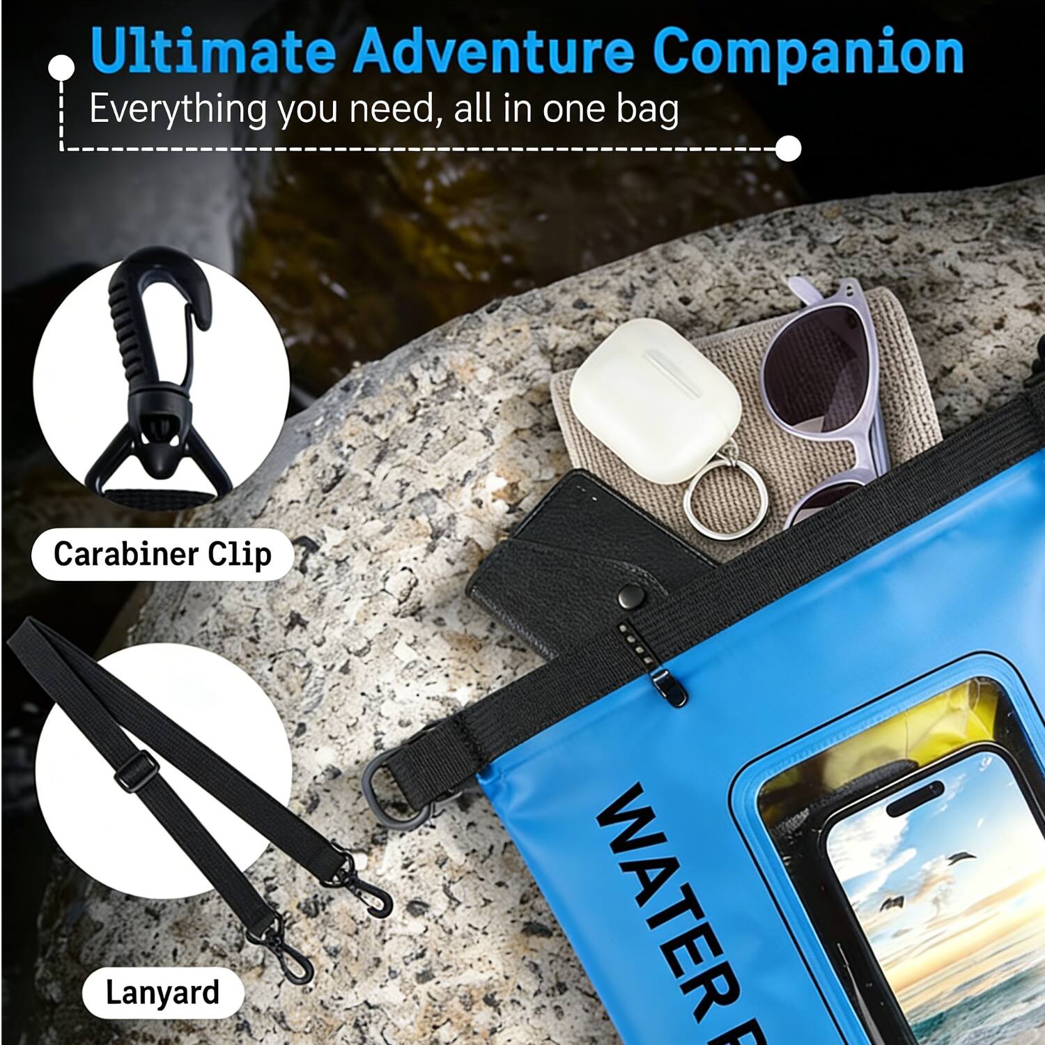 Ultimate Adventure Companion  
Everything you need, all in one bag  

- Carabiner Clip  
- Lanyard  
- WATER PROOF
