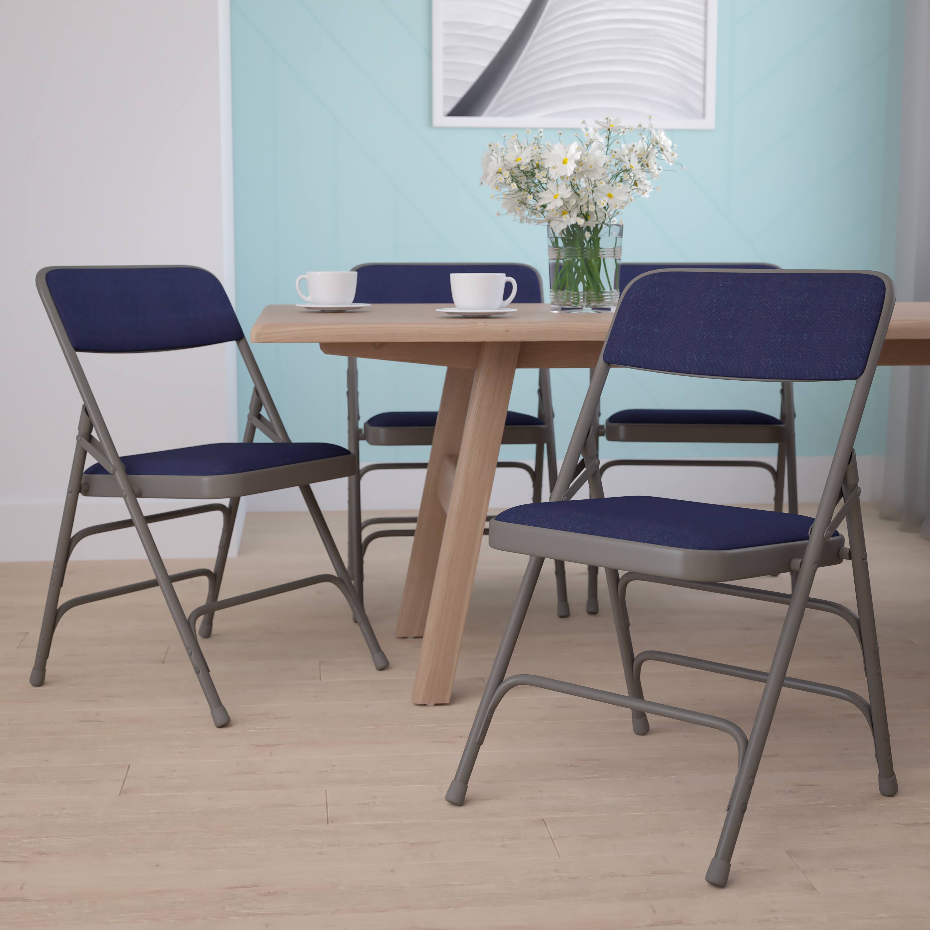 Alt View 2. Emma + Oliver - 4 Pack Home & Office Portable Party Events Padded Metal Folding Chair - Navy Fabric/Gray Frame.