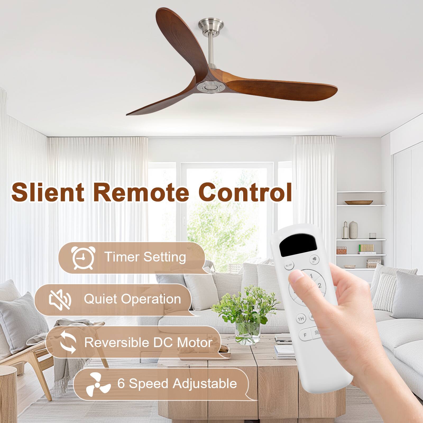 Silent Remote Control  
Timer Setting  
Quiet Operation  
Reversible DC Motor  
6 Speed Adjustable