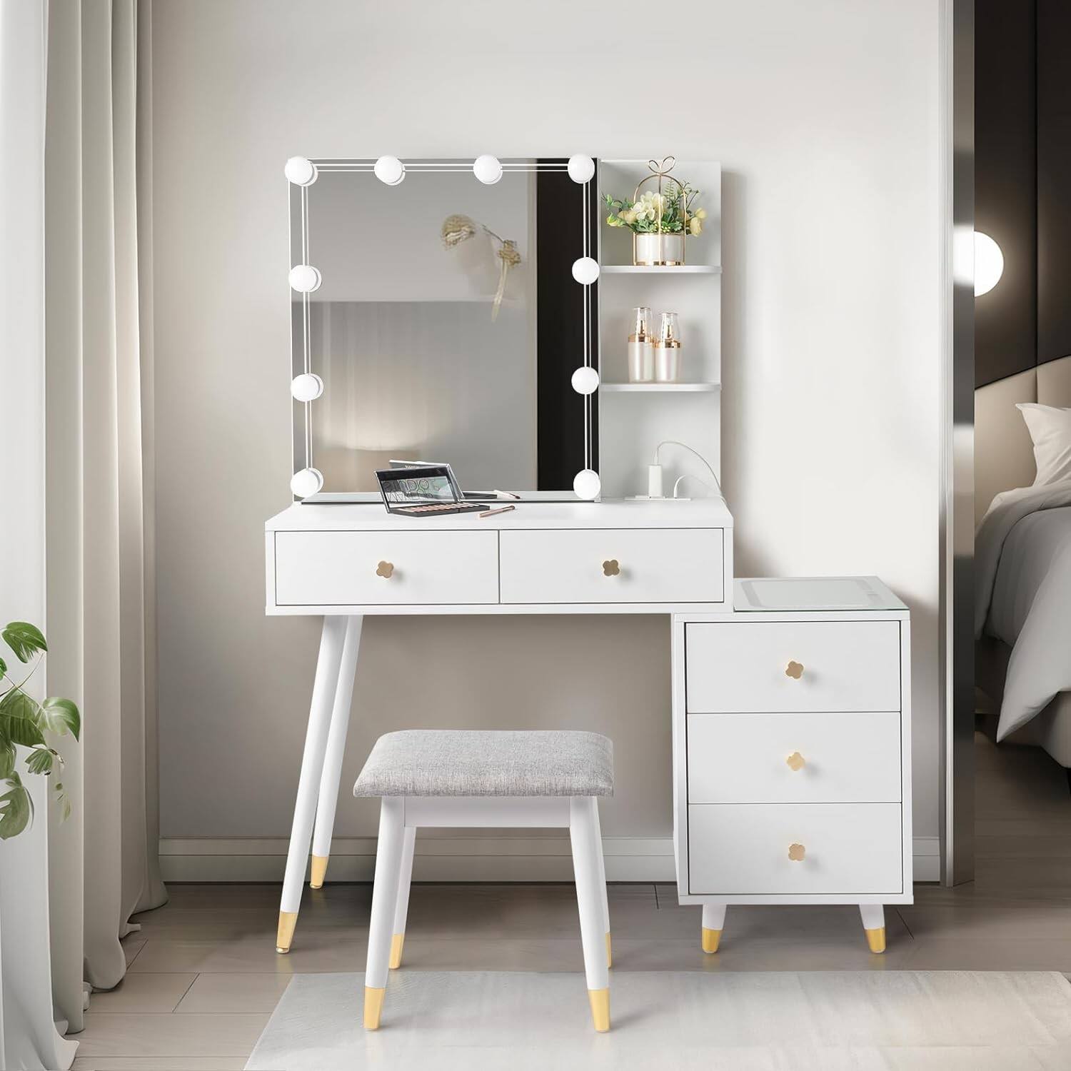 Alt View 7. Winado - Vanity Table Stool Set with 10 LED Lighted Mirror Dressing, 5 Drawers,  LED Nightstand, Makeup Dressing Table - White.