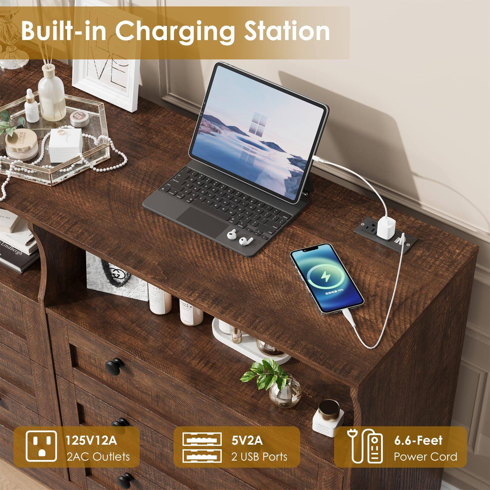 Built-in Charging Station

- 125V12A 2AC Outlets
- 5V2A 2 USB Ports
- 6.6-Feet Power Cord