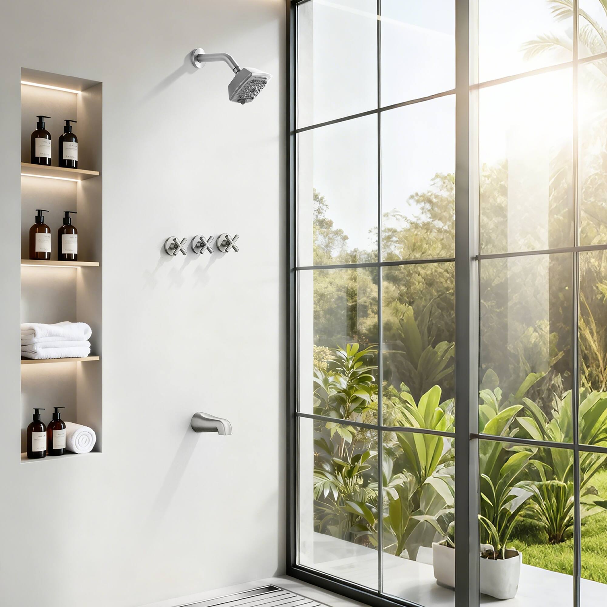 Alt View 1. Boyel Living - Brushed Nickel Tub and Shower Set Brass SUS304 Three Handle 5-Function Top Spray High-Flow - Silver.