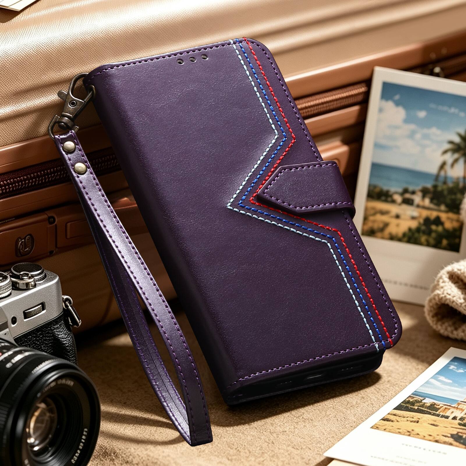 Alt View 6. Dteck - Wallet Phone Case for Google Pixel 11 Pro XL with Wrist Strap, Slim Shockproof Leather Kickstand Folio Protective Cover - Purple.