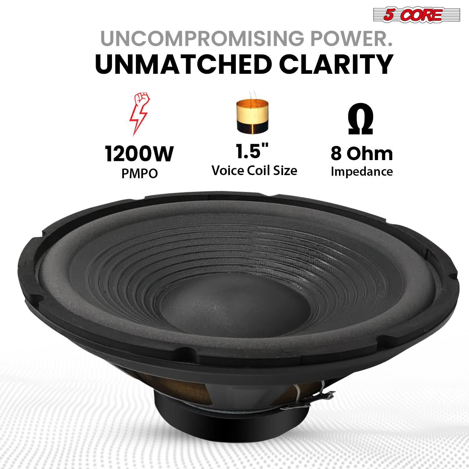 5 CORE  
UNCOMPROMISING POWER.  
UNMATCHED CLARITY  

1200W PMPO  
1.5" Voice Coil Size  
8 Ohm Impedance