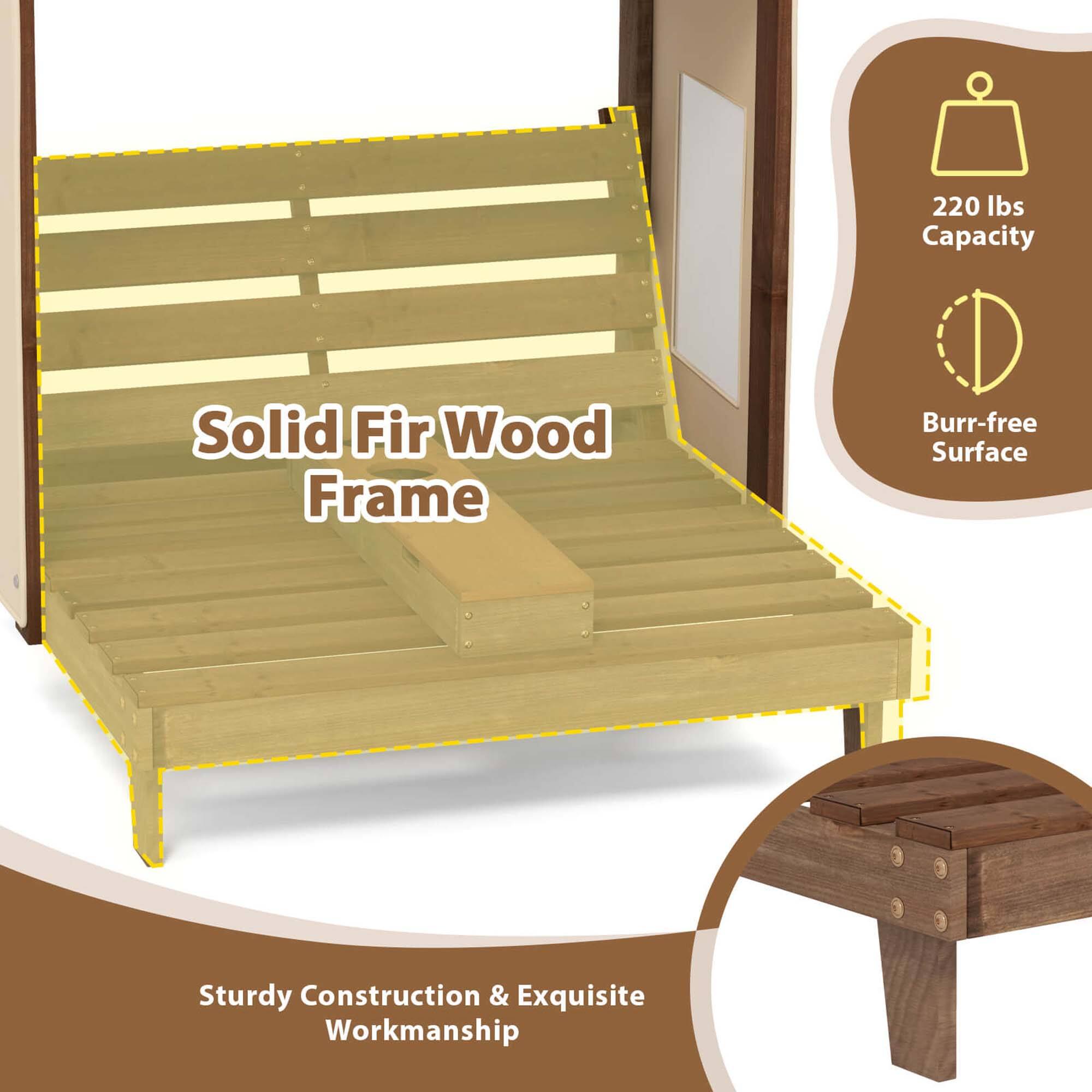 The text on the image is grouped and corrected as follows:

"220 lbs Capacity Solid Fir Wood Frame Burr-free Surface Sturdy Construction & Exquisite Workmanship."