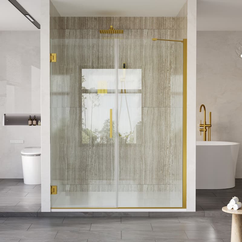 WELLFOR - 58–59 in. W x 72 in. H Frameless Hinged Shower Door with 3/8" Clear Tempered Glass, Reversible Opening - Brushed Gold
