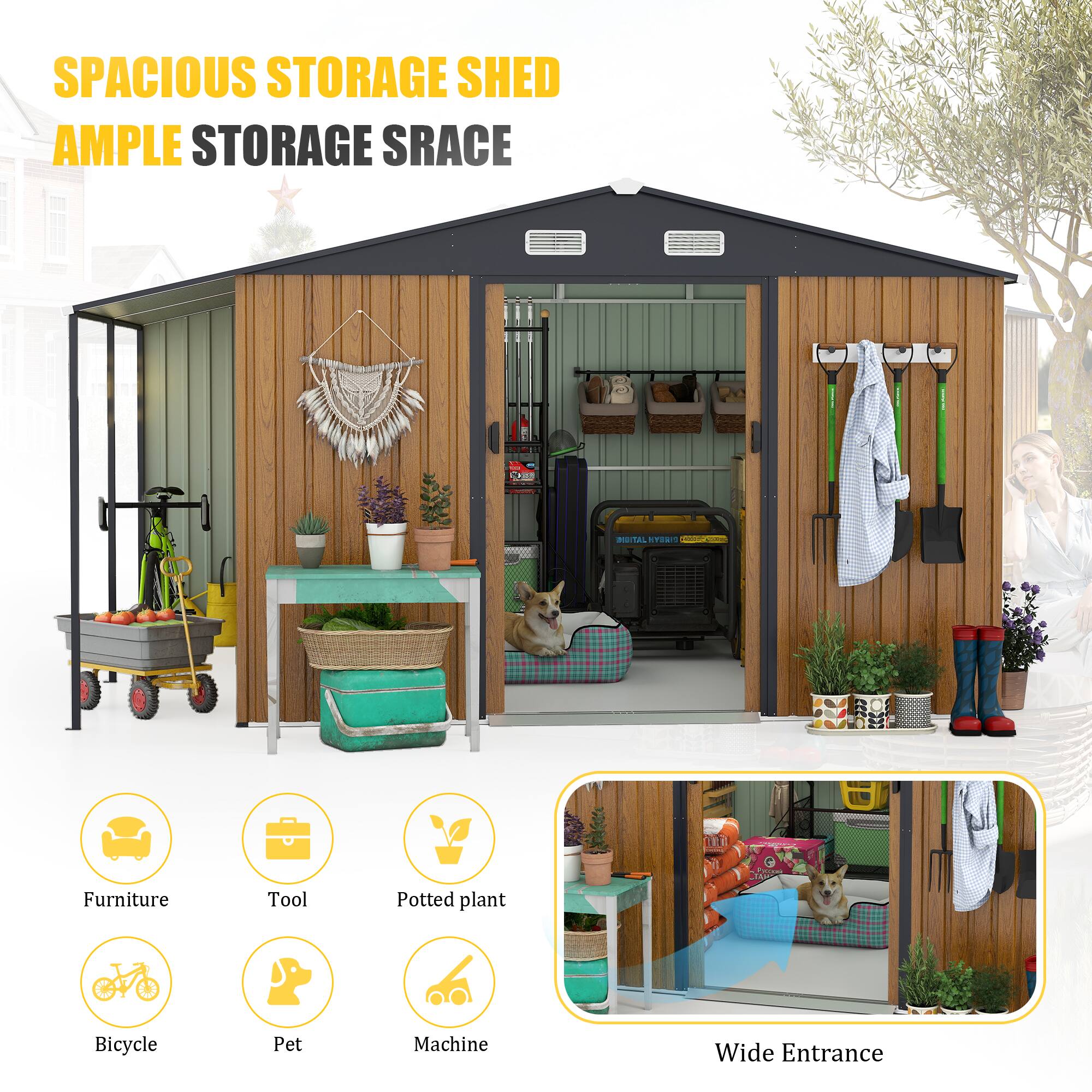 Alt View 1. Mondawe - 10x12 Ft Outdoor Storage Shed with Dual-Zone Design for Tools and Firewood and Window - Yellow.