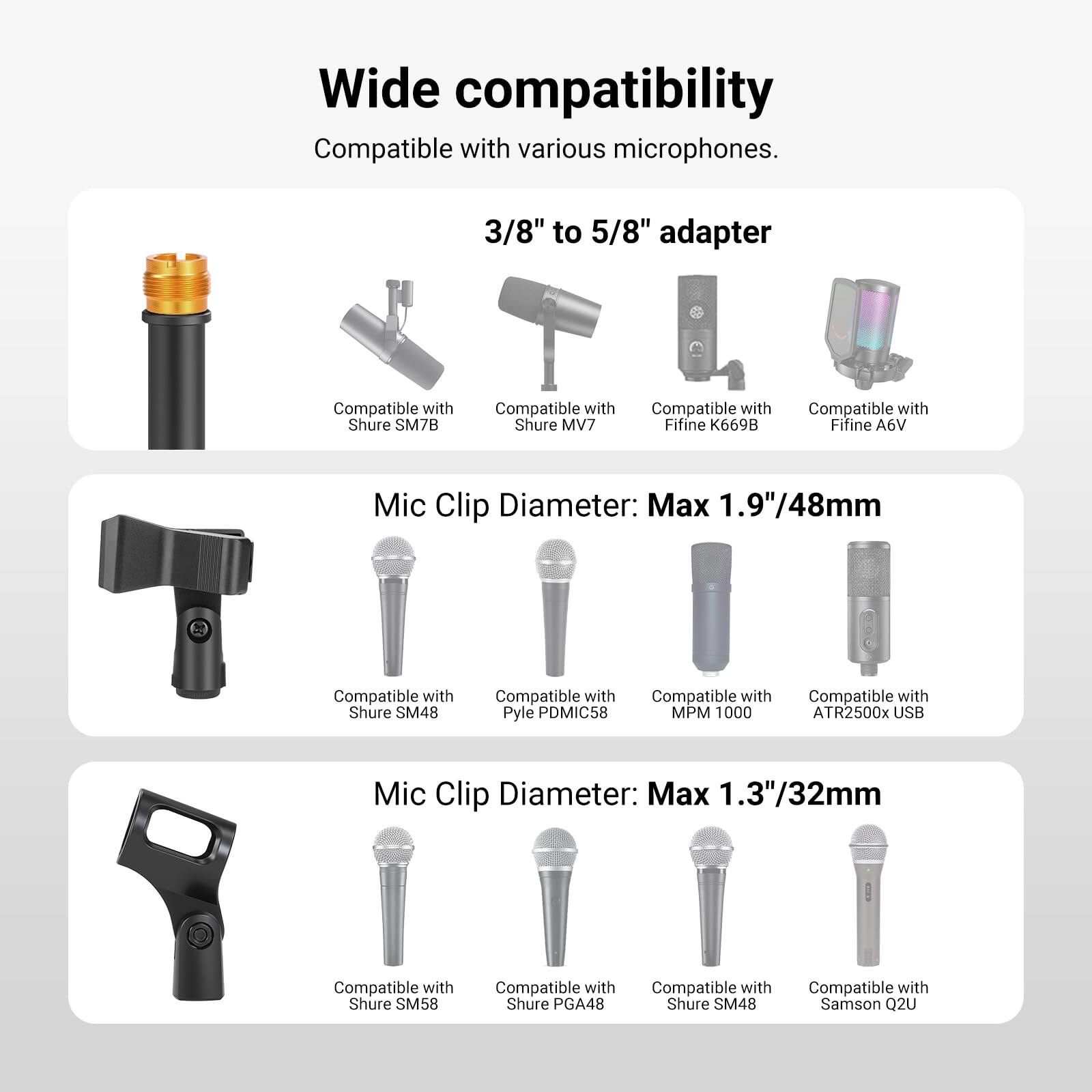 Wide compatibility  
Compatible with various microphones.

3/8" to 5/8" adapter  
Compatible with Shure SM7B  
Compatible with Shure MV7  
Compatible with Fifine K669B  
Compatible with Fifine A6V  

Mic Clip Diameter: Max 1.9"/48mm  
Compatible with Shure SM48  
Compatible with Pyle PDMIC58  
Compatible with MPM 1000  
Compatible with ATR2500x USB  

Mic Clip Diameter: Max 1.3"/32mm  
Compatible with Shure SM58  
Compatible with Shure PGA48  
Compatible with Shure SM48  
Compatible with Samson Q2U