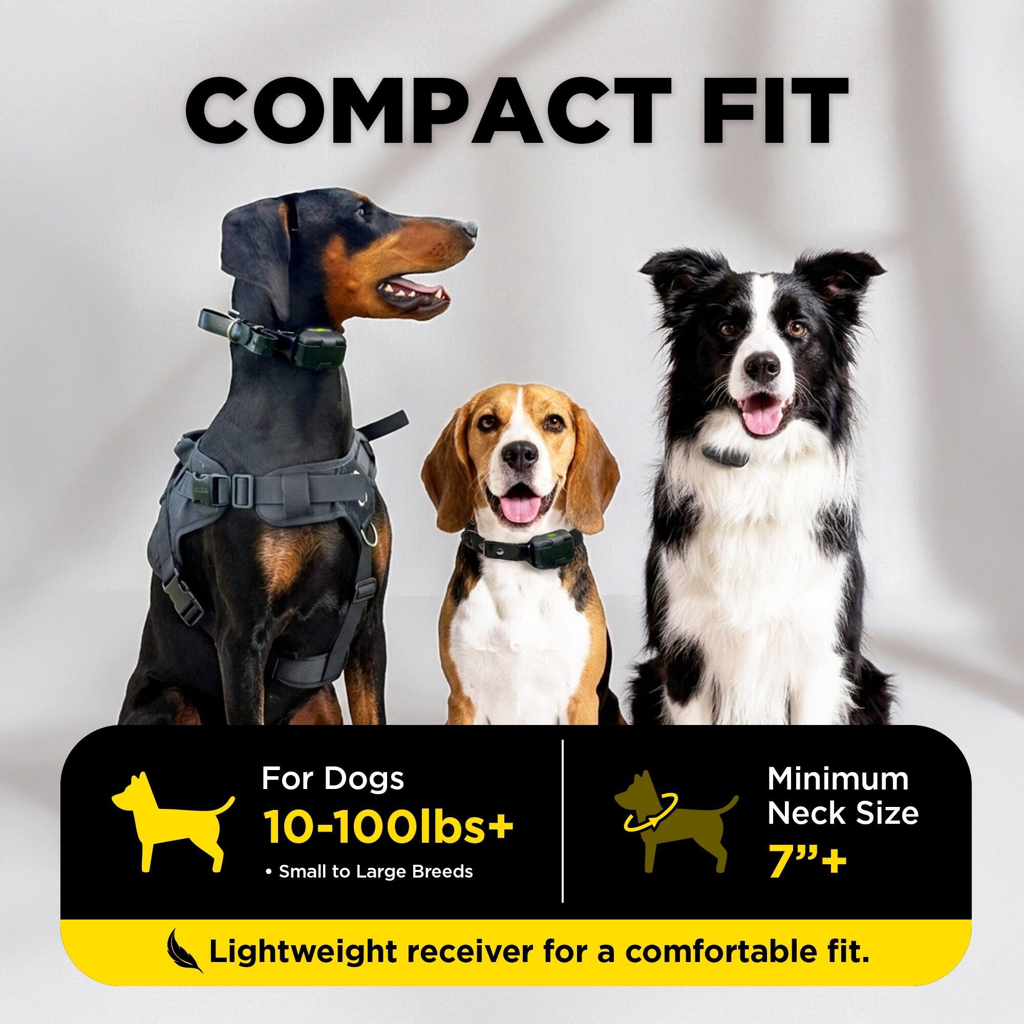 COMPACT FIT  
For Dogs 10-100lbs+  
Small to Large Breeds  
Minimum Neck Size 7"+  
Lightweight receiver for a comfortable fit.