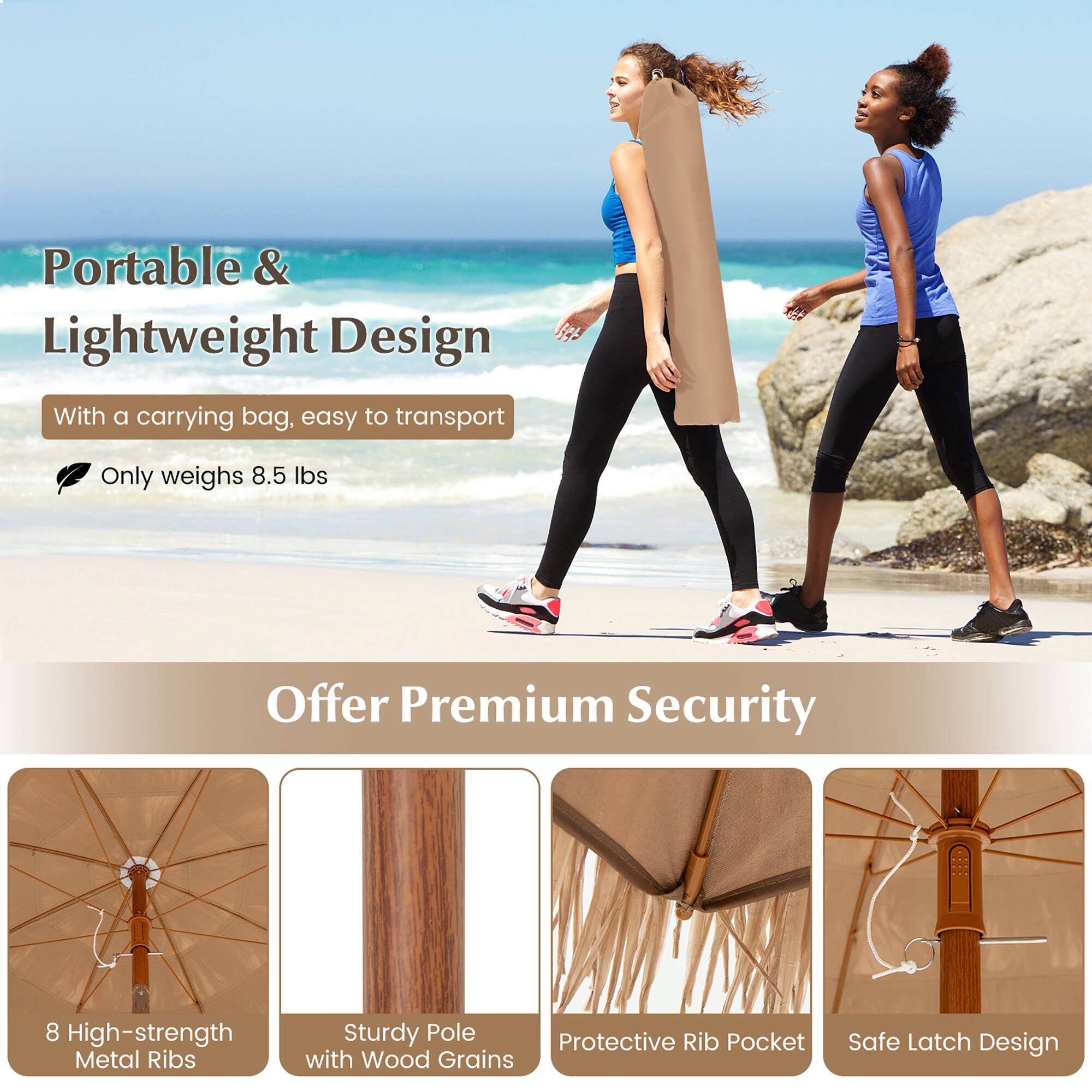 Portable & Lightweight Design  
With a carrying bag, easy to transport  
Only weighs 8.5 lbs  

Offer Premium Security  
8 High-strength Metal Ribs  
Sturdy Pole with Wood Grains  
Protective Rib Pocket  
Safe Latch Design