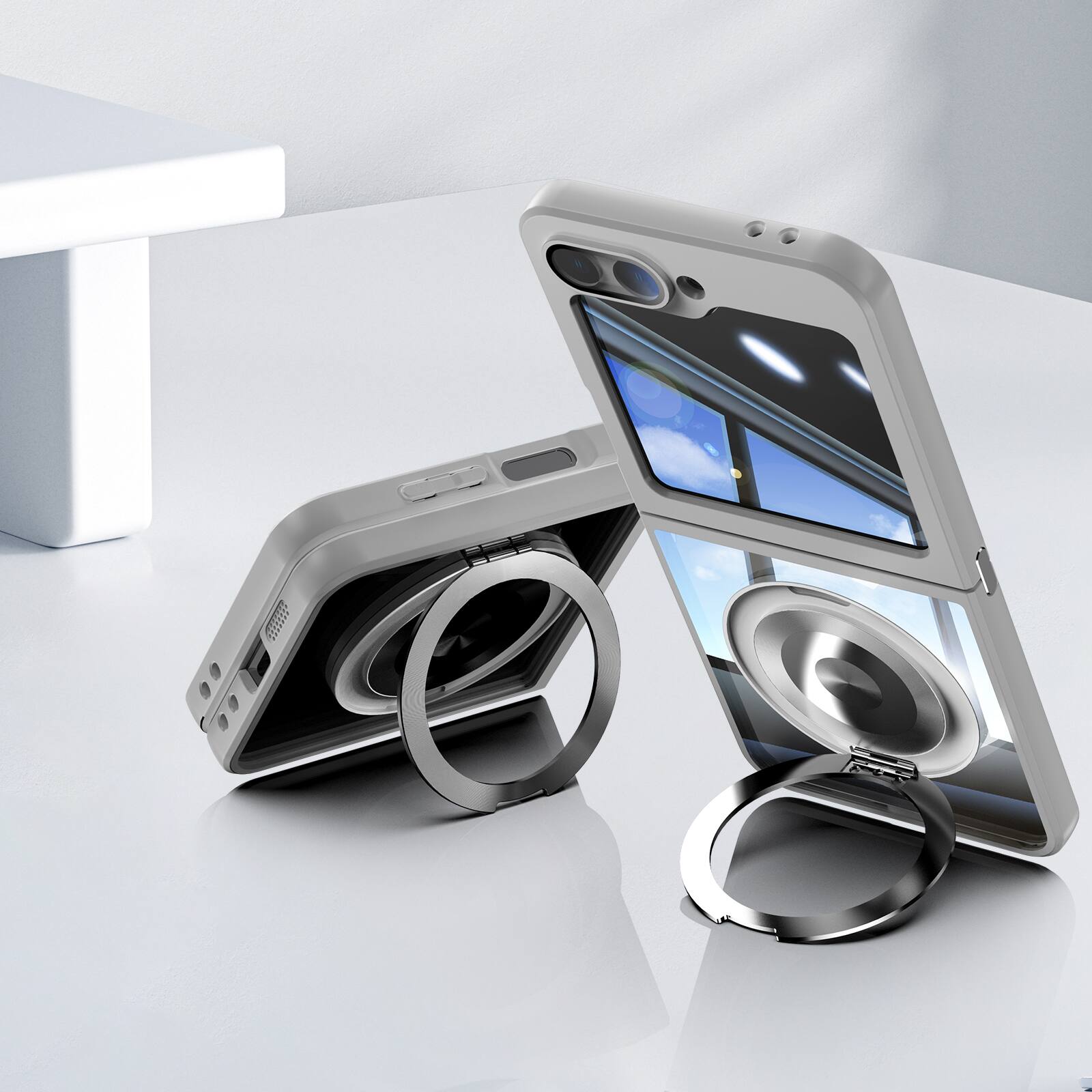 Alt View 4. Dteck - Magnetic Case for Samsung Galaxy Z Flip6 with Built-in Lens Protector, 360° Rotating Ring Stand Clear Shockproof Cover - Gray.