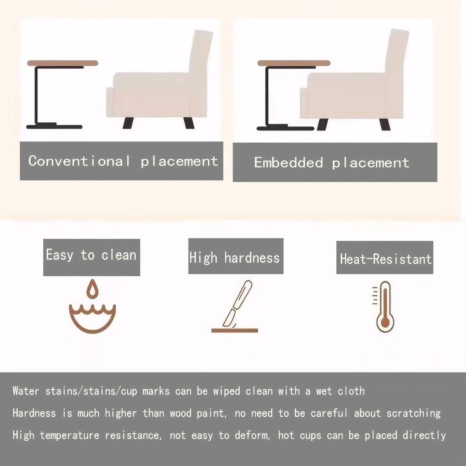 Conventional placement  
Embedded placement  

Easy to clean  
High hardness  
Heat-Resistant  

Water stains/stains/cup marks can be wiped clean with a wet cloth  
Hardness is much higher than wood paint, no need to be careful about scratching  
High temperature resistance, not easy to deform, hot cups can be placed directly