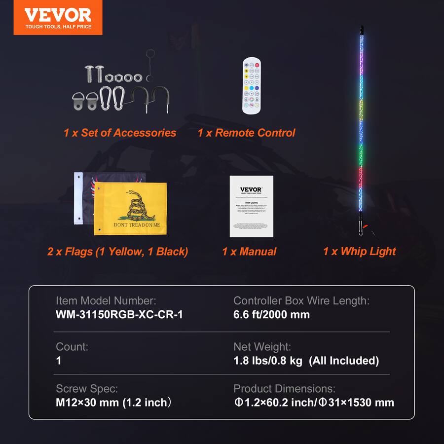 VEVOR 1 PC 5 FT Whip Light,APP & RF Remote Control Led Whip Light ...