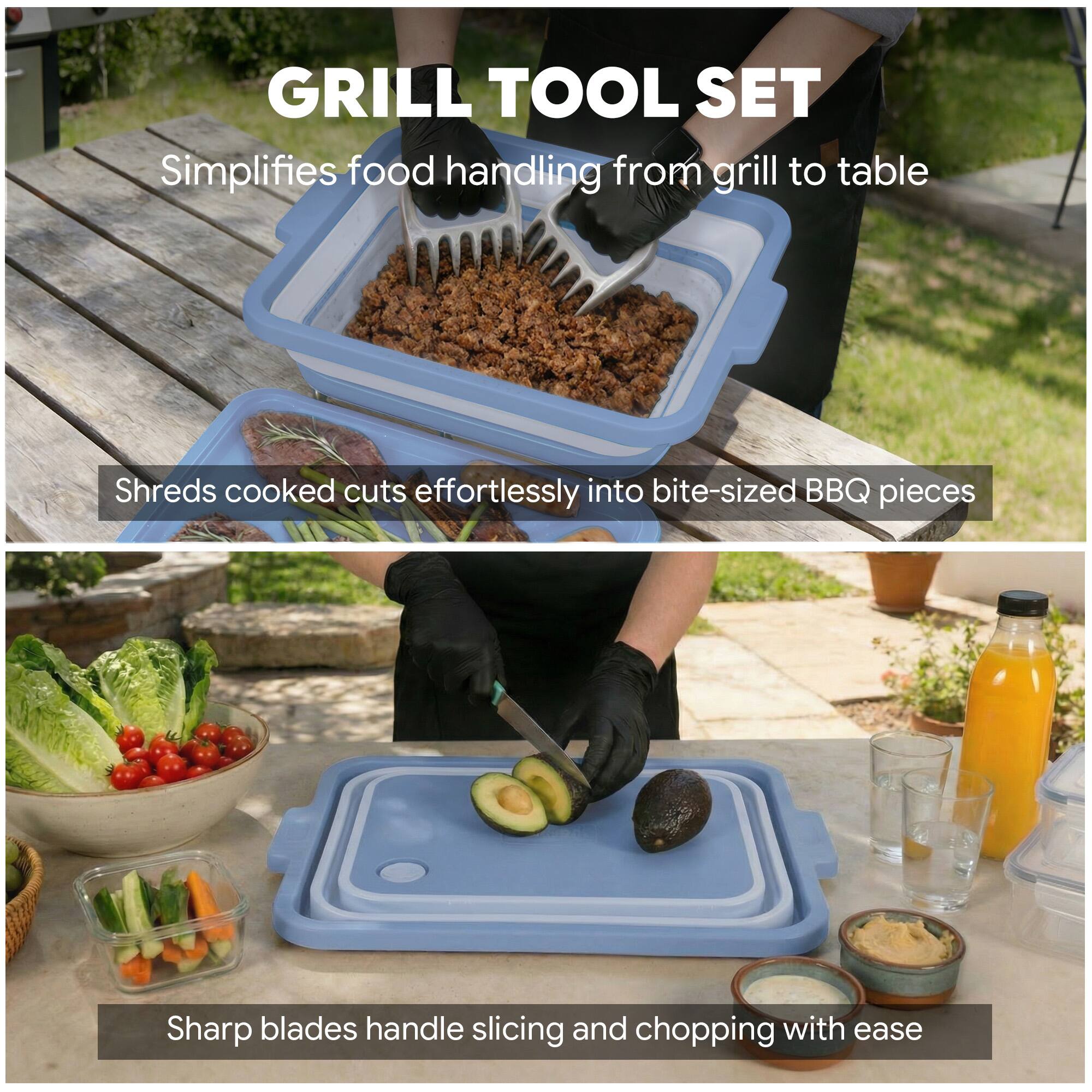 GRILL TOOL SET  
Simplifies food handling from grill to table  

Shreds cooked cuts effortlessly into bite-sized BBQ pieces  

Sharp blades handle slicing and chopping with ease