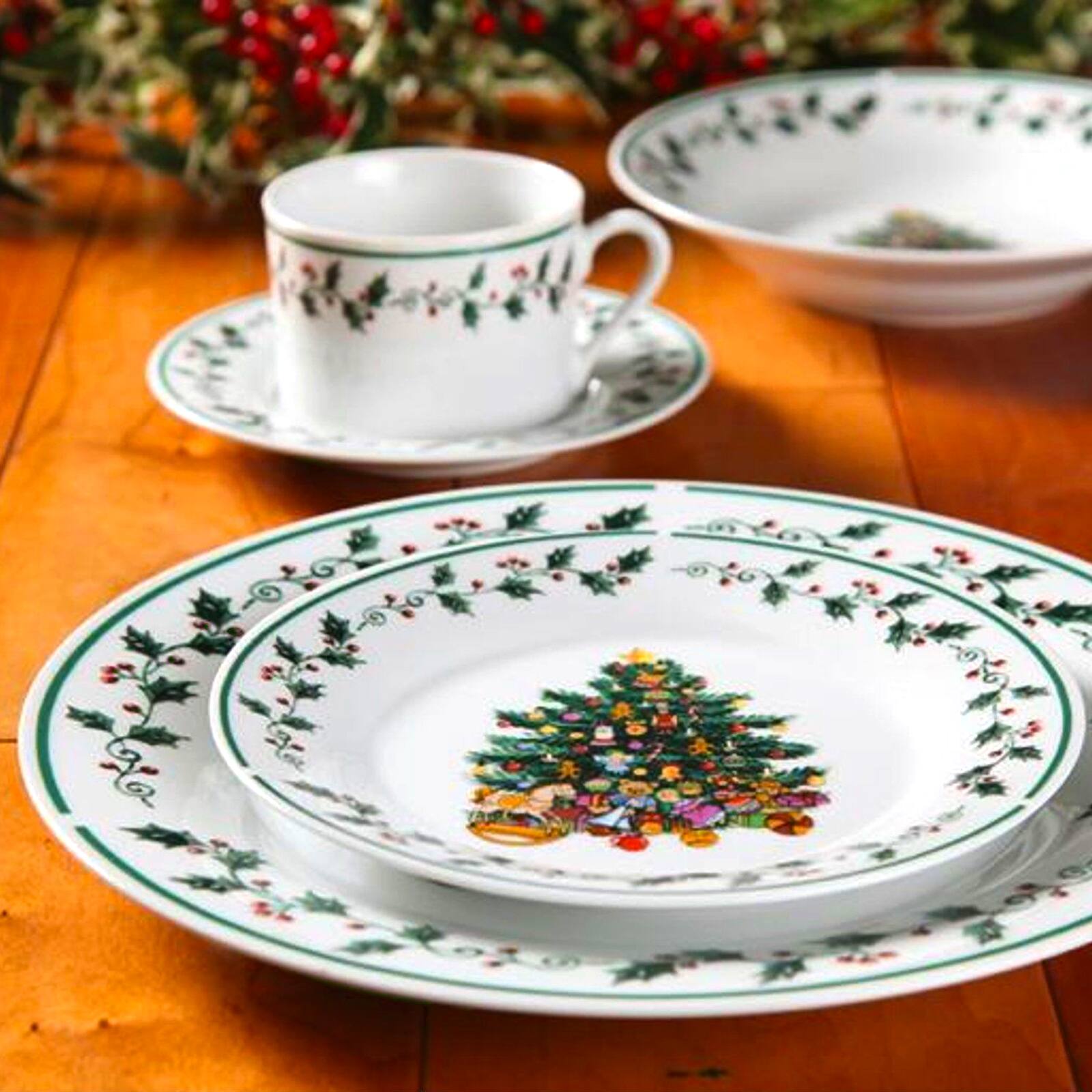 Alt View 1. Gibson - Gibson Home 20 Piece Ceramic Christmas Tree Trimming Dinnerware Set - White and Multi.