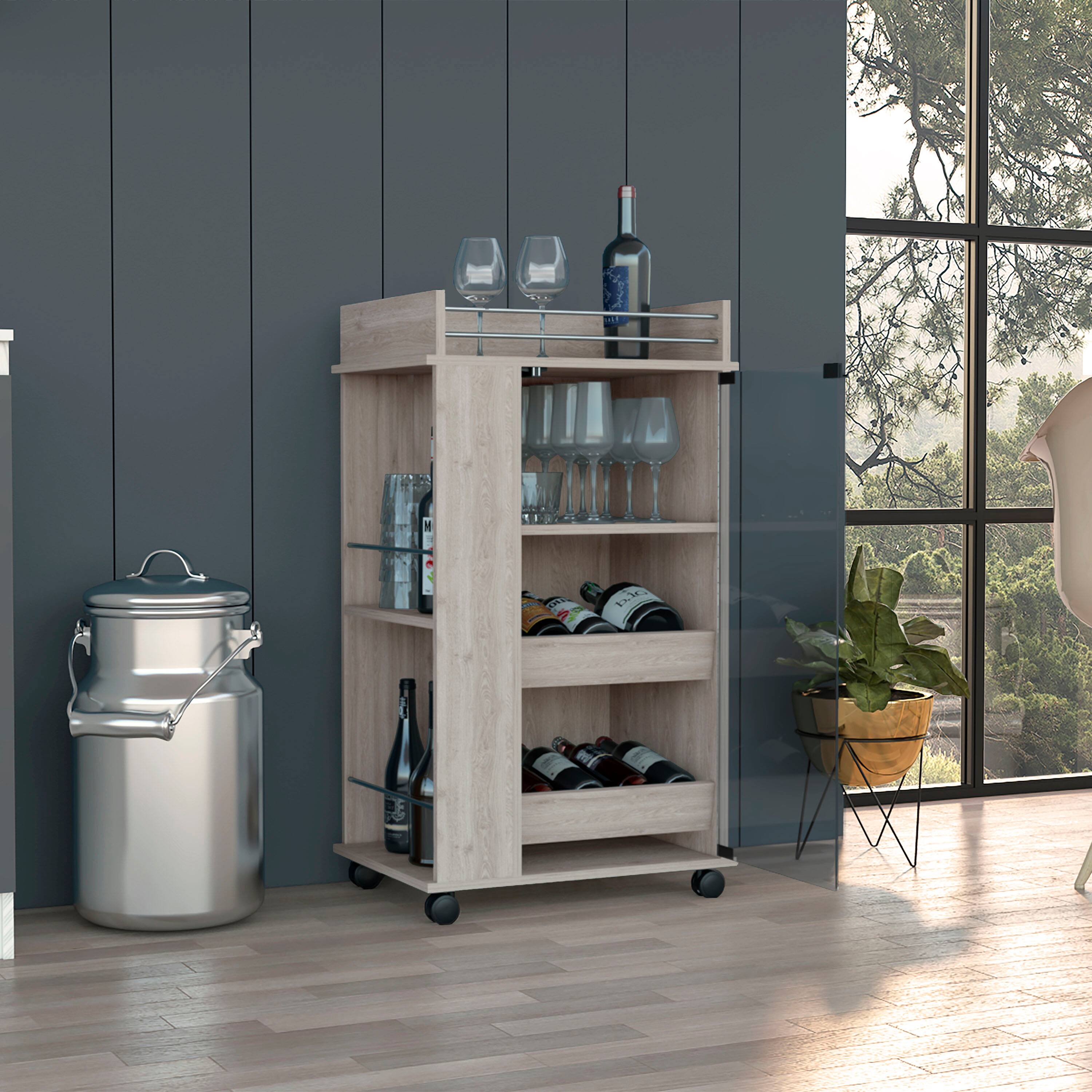 Back. TuHome - Baltimore Bar Cart with Casters, Glass Door, 2-Side Shelf, Living Room or Bar Room - Light Gray.