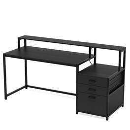 Resenkos - Kadyn Study Writing Desk, Computer Desk,63" Computer Desk, Ergonomic Office Desk with Drawers & Monitor Stand - Black