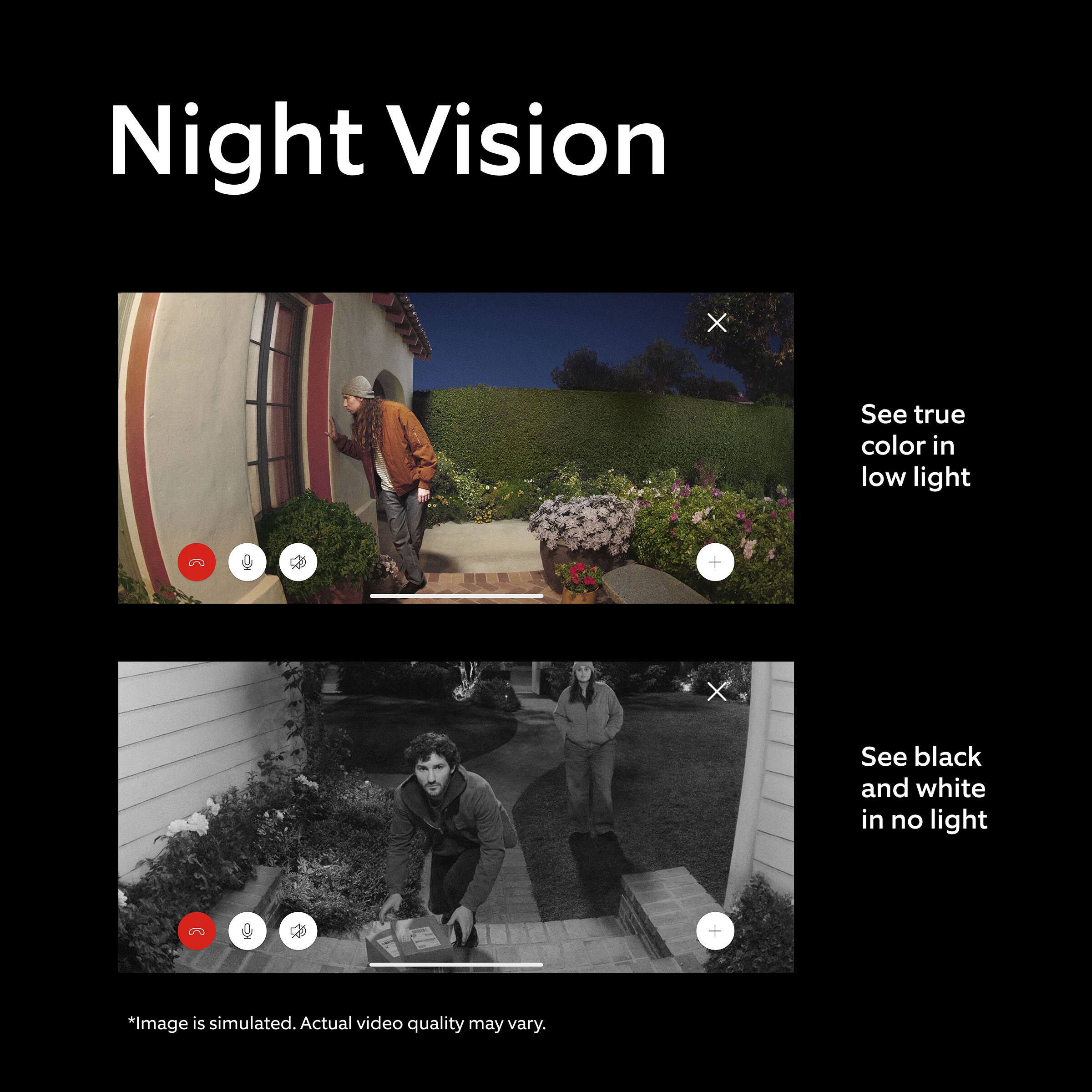 Night Vision

- See true color in low light
- See black and white in no light

*Image is simulated. Actual video quality may vary.