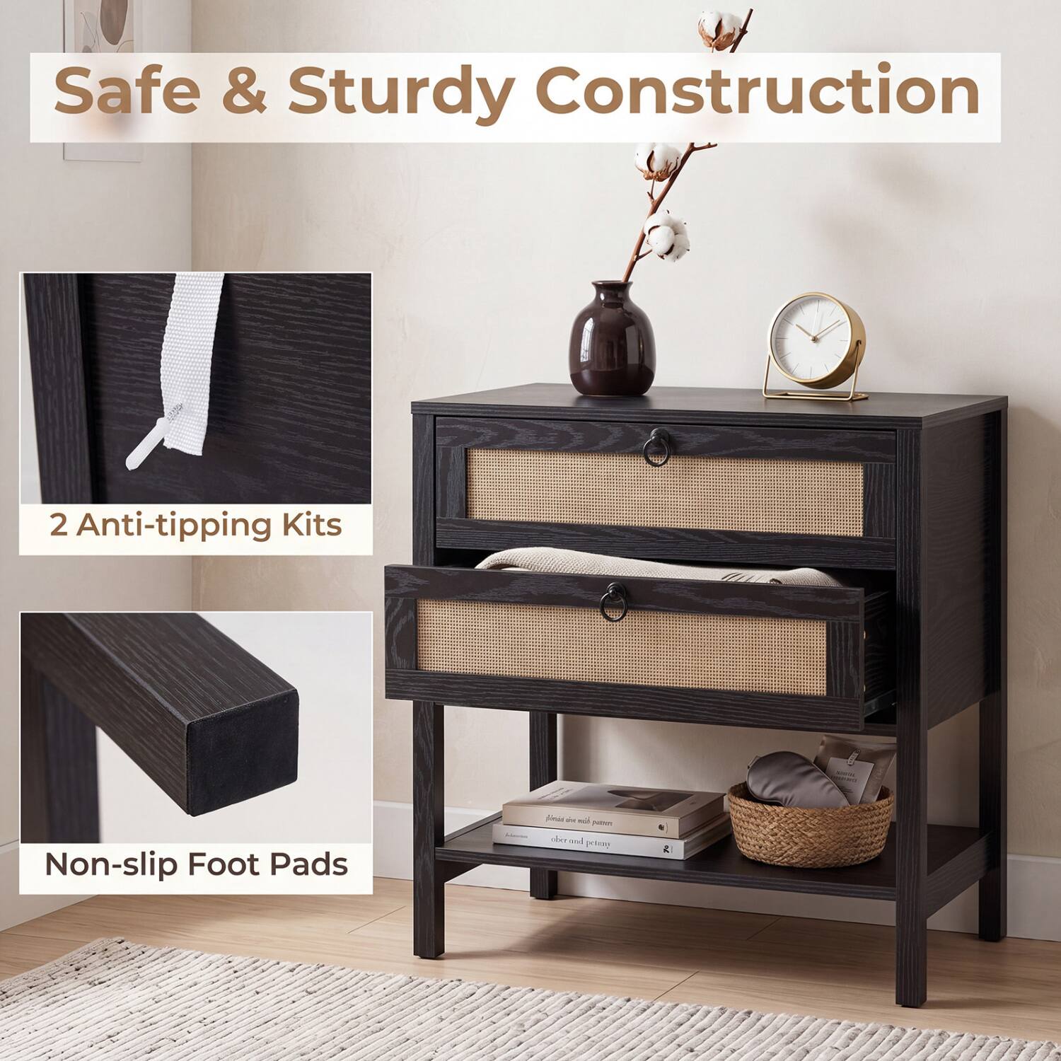 Safe & Sturdy Construction

2 Anti-tipping Kits

Non-slip Foot Pads