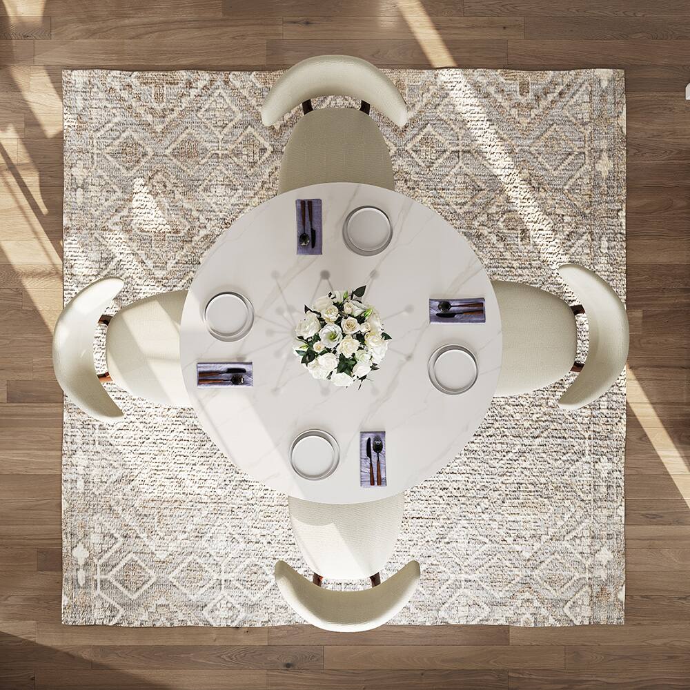 Alt View 2. POVISON - 47" Modern Glossy White Sintered Stone Round Dining Table for 4 with Bronze Steel Base - Glossy White Sintered Stone & Bronze Steel Base.