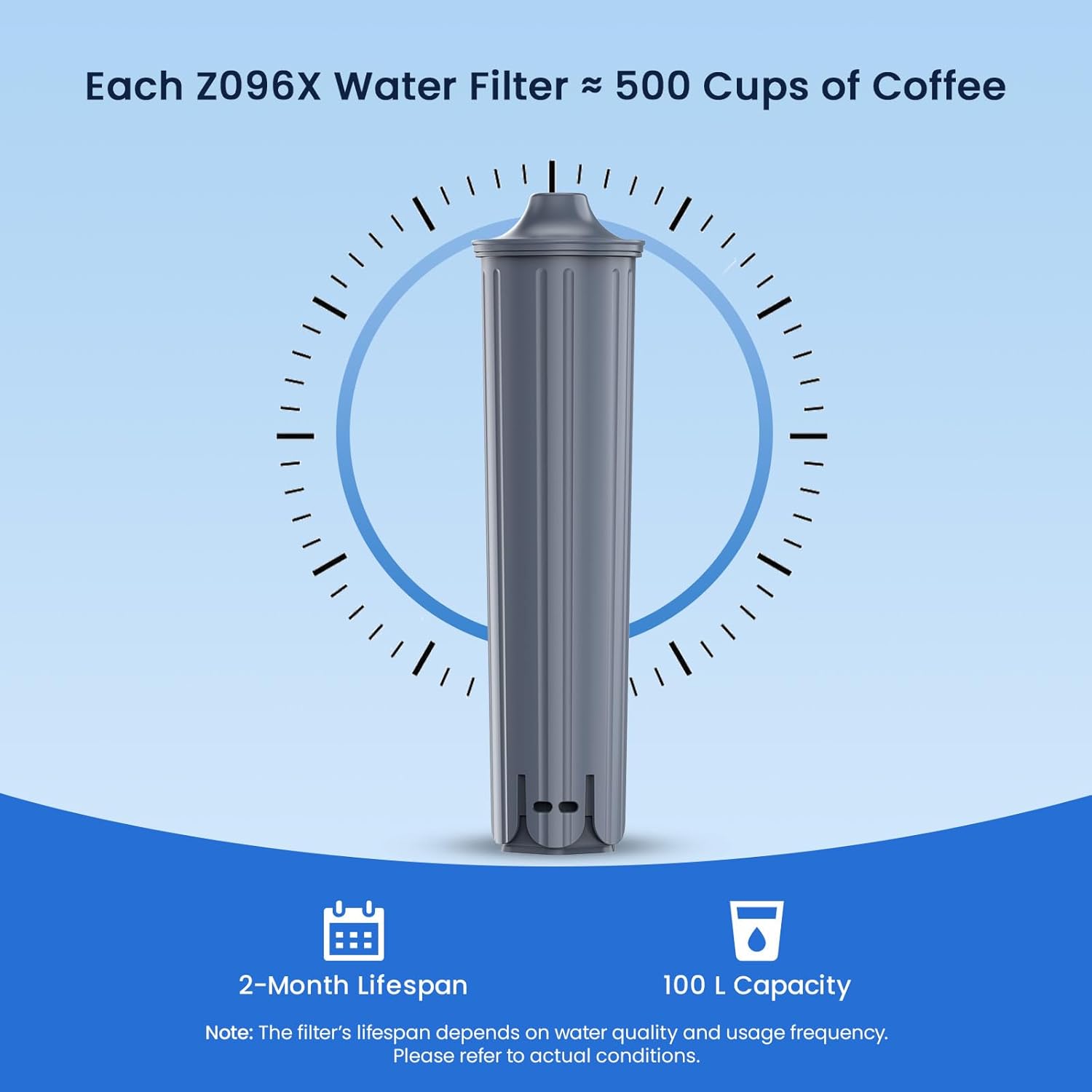 Each Z096X Water Filter ≈ 500 Cups of Coffee

2-Month Lifespan

100 L Capacity

Note: The filter's lifespan depends on water quality and usage frequency. Please refer to actual conditions.
