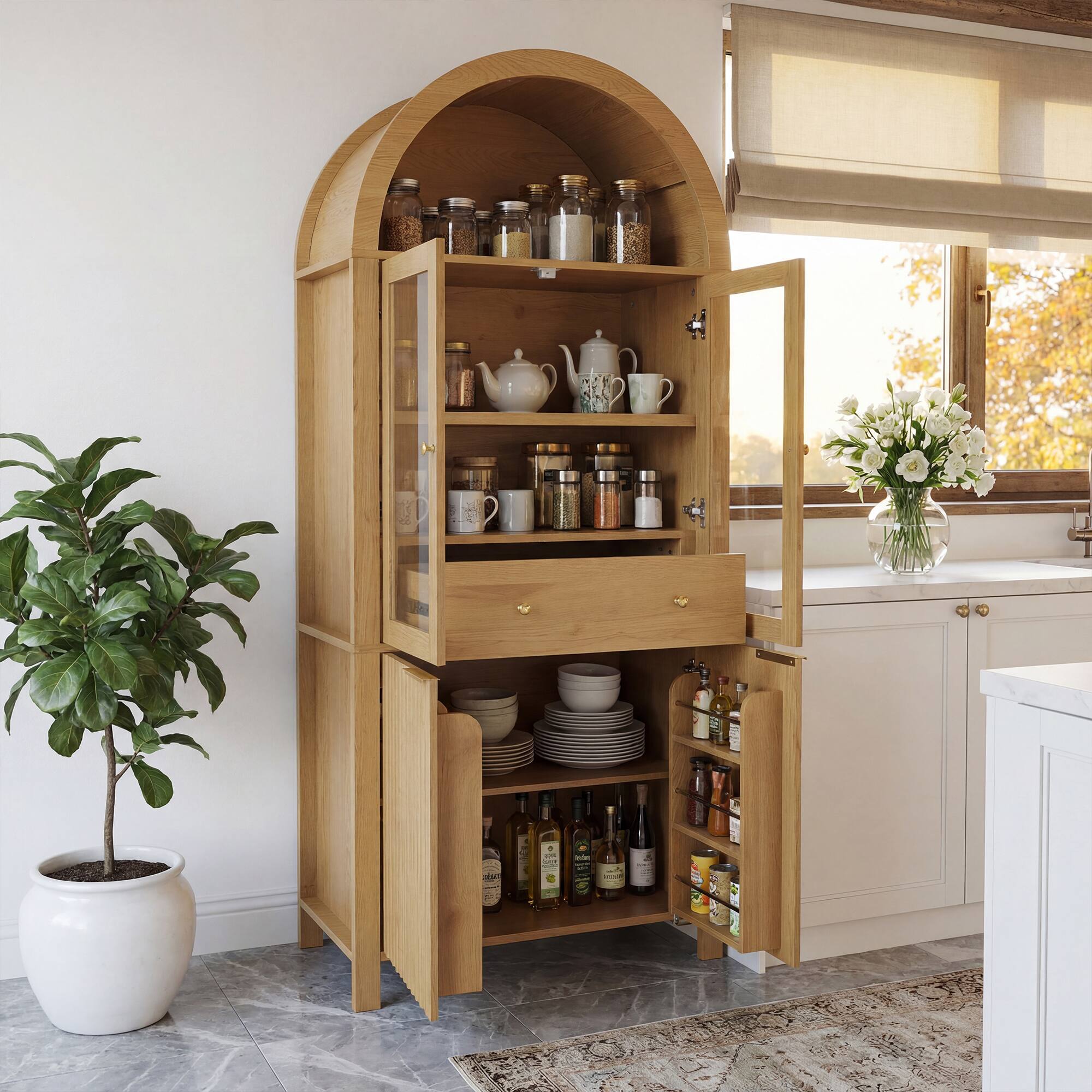 Alt View 1. Loheer - Loheer Arched Pantry Cabinet, Oak Tall Pantry Cabinet with Glass Doors, Drawer, Adjustable Shelves, Fluted Storage - Oak.